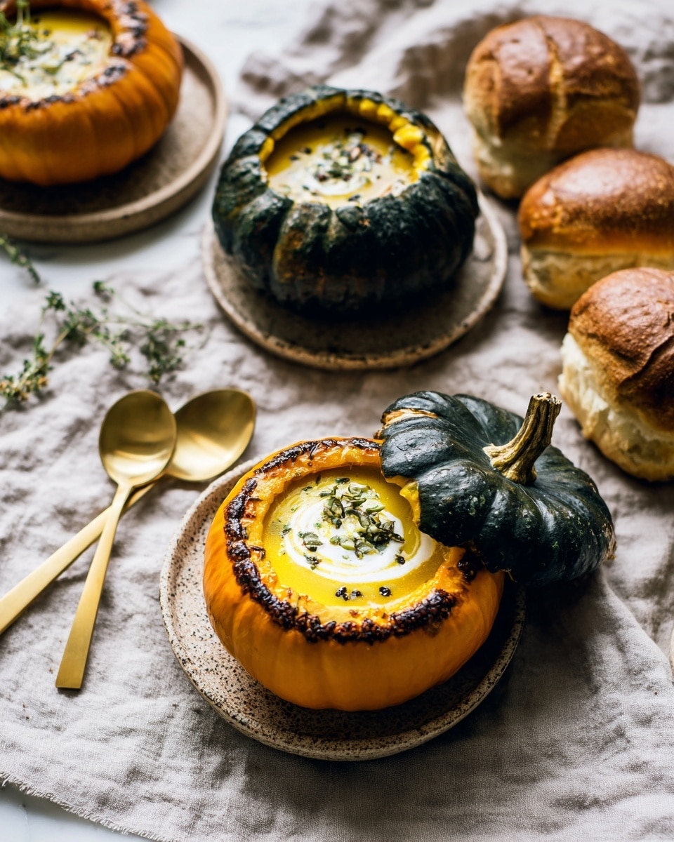 A dark green pumpkin with rough, wrinkled skin serves as a bowl, its top lid leaning behind it; inside, there is a swirl of creamy orange soup mixed with white cream looking smooth and thick. The soup fills the pumpkin almost to the edge, and on top, there is a small bunch of fresh green thyme and a few cracks of black pepper adding texture. The pumpkin is placed on a white plate, and a shiny golden spoon is held by a woman's hand, dipping into the soup from the right side. The background shows a white marbled texture beneath the plate and other similar pumpkin bowls and golden spoons nearby, all styled in warm, natural light. photo taken with an iphone --ar 4:5 --v 7