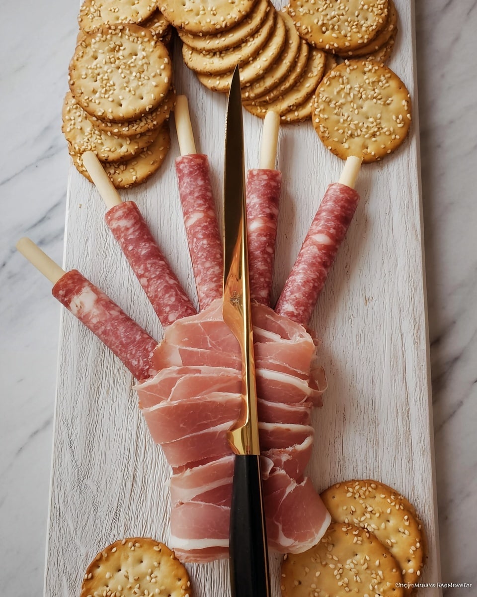 A white wooden board holds a creative snack shaped like a woman's hand made from five thin rolls of meat, wrapped around long cheese sticks to form fingers that are pink with lighter fat streaks. The palm area is covered with loosely layered slices of the same meat, creating soft folds. Surrounding the hand are round crackers with sesame seeds on top, arranged in neat stacks on both sides. A knife is stuck into the middle of the palm, with a shiny golden handle. The scene is set on a white marbled surface. photo taken with an iphone --ar 4:5 --v 7