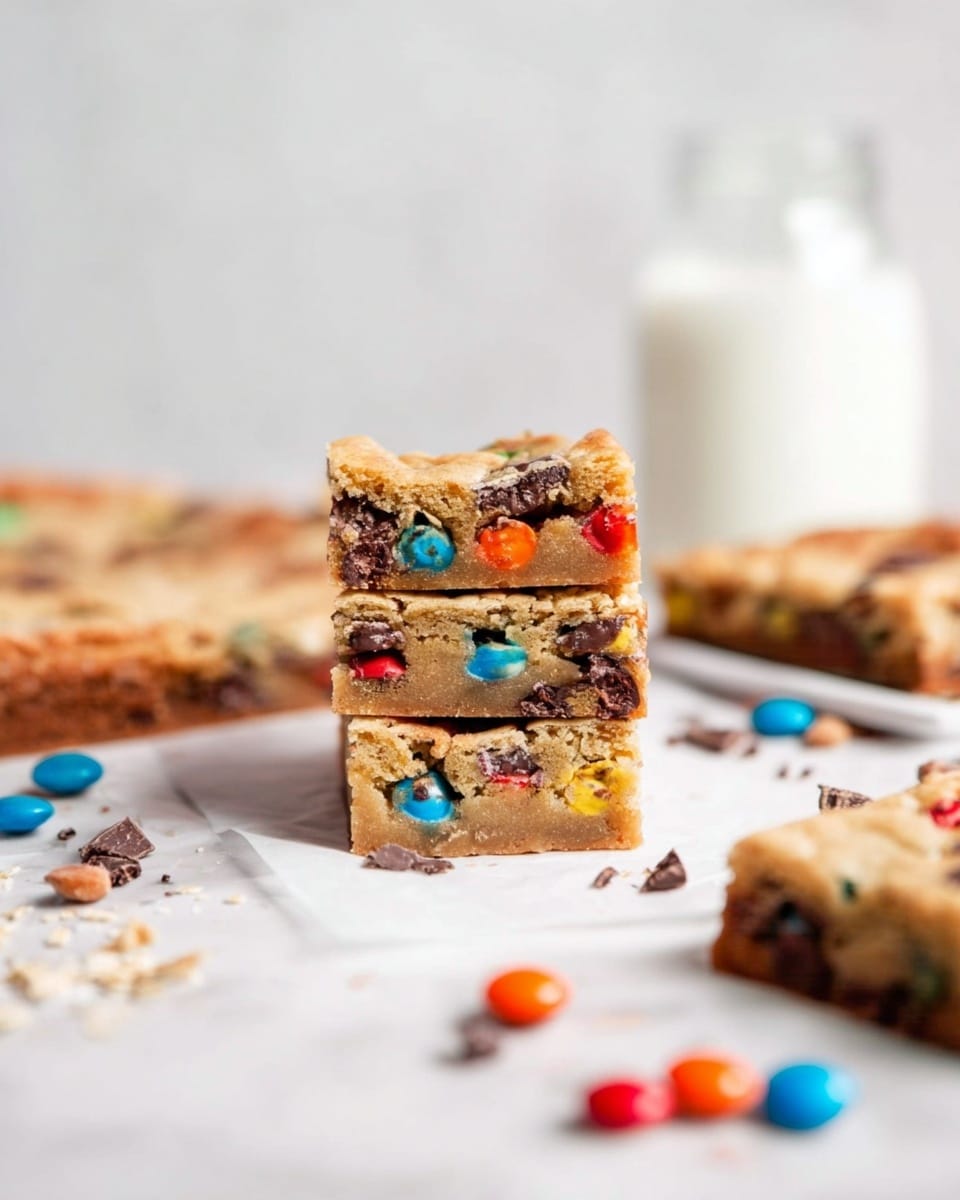 A stack of three square cookie bars is centered on a white marbled surface, each bar filled with colorful candy-coated chocolate pieces visible inside the light brown cookie dough. In the background are more cookie bars laid flat, and scattered candy pieces in red, blue, orange, and yellow are spread around them. The surface has small crumbs and chocolate bits. The background is blurred with a jar of white sugar and a milk bottle faintly visible. Photo taken with an iphone --ar 4:5 --v 7