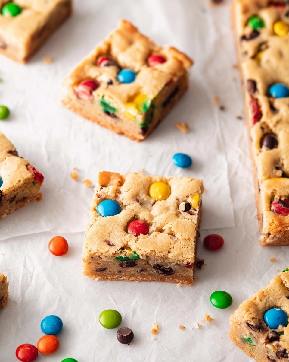 The image shows several square cookie bars placed on white parchment paper over a white marbled surface. Each bar has a light golden brown top layer with colorful candy pieces visible inside and on the surface, adding red, green, yellow, blue, and orange spots. The texture of the bars looks soft with small dark chocolate bits mixed in. Scattered around the bars are loose candy pieces in matching colors, some whole and some partially broken. The scene is bright and inviting with a clean, simple background and natural lighting. Photo taken with an iphone --ar 4:5 --v 7