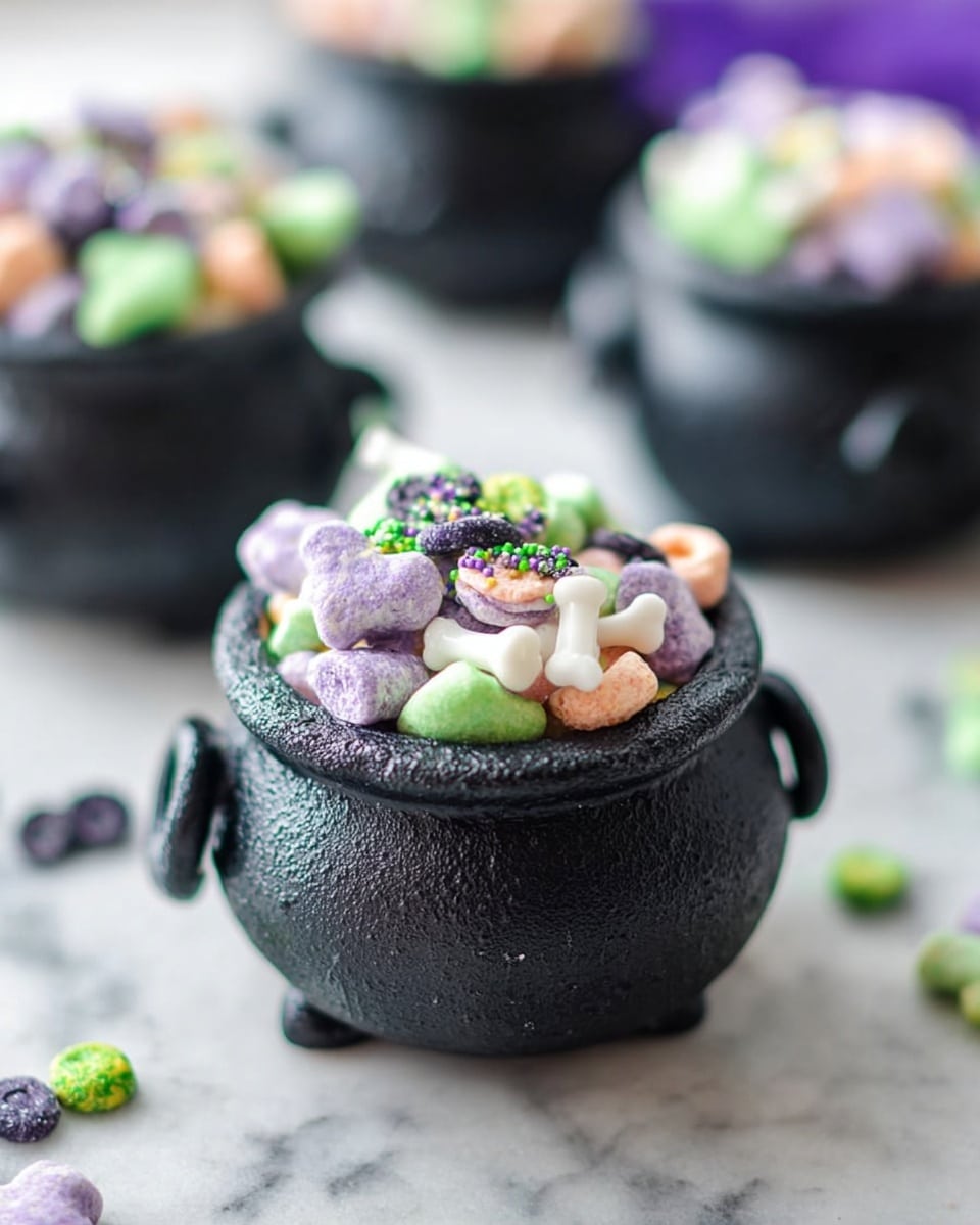 The image shows four small black cauldrons filled with colorful cereal pieces in pastel shades of purple, light green, and peach. Each cauldron has a matte black texture and a round shape, sitting on a white marbled surface scattered with more cereal pieces and tiny round and stick-shaped sprinkles in green, purple, and white. Some cauldrons are decorated with candy eyes and small bone-shaped sprinkles on top, giving a playful, spooky feel. The arrangement is overhead, with bright lighting and soft shadows. photo taken with an iphone --ar 4:5 --v 7