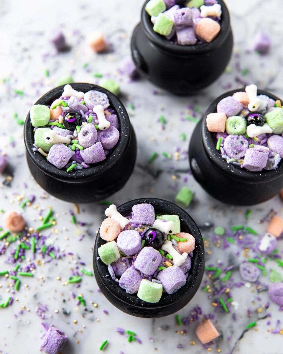A small black cake is shown from above on a white marbled surface. The cake has a smooth black frosting layer at the base. On top, there are colorful dried pieces in light green, purple, and orange, with a rough crystal-like texture. Small round sprinkles in green and purple, along with tiny black and white candy eyes, are scattered on the top surface. The decorations create a playful, spooky effect. Photo taken with an iphone --ar 4:5 --v 7