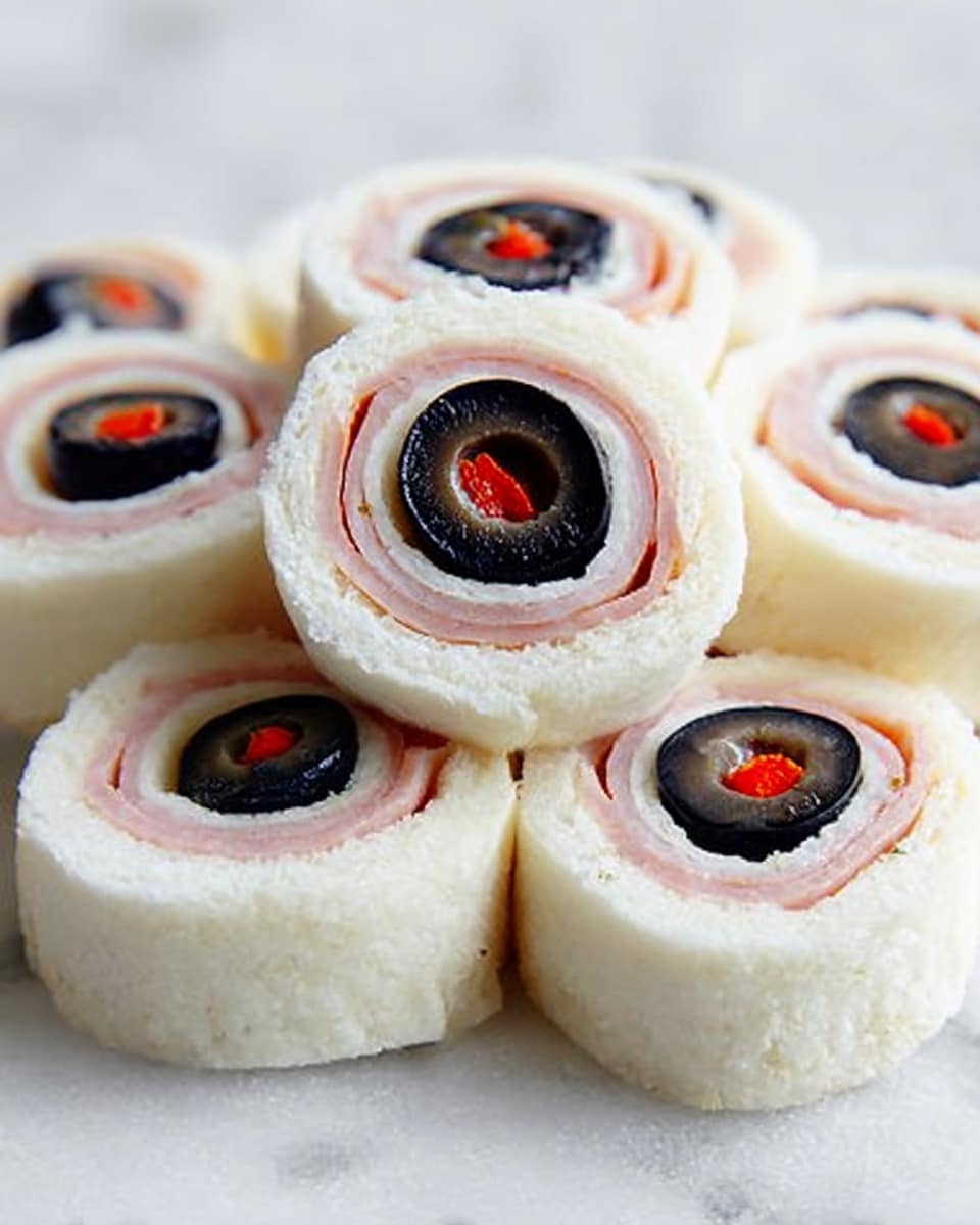 The image shows a group of small round sandwich rolls stacked on a white marbled surface. Each roll has three clear layers: an outer soft white bread layer wrapped around a thin pink layer of deli meat, and in the middle, a black olive slice with a small red pepper piece in its center, resembling an eye. The texture of the bread looks soft and smooth, and the olive is shiny and firm, while the red pepper gives a bright pop of color. The rolls are close together, forming a neat mound. photo taken with an iphone --ar 4:5 --v 7