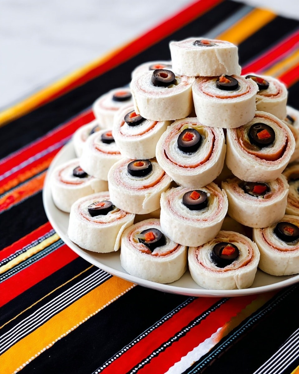 The image shows many small round pinwheel sandwiches arranged in a pyramid shape on a white plate with colorful stripes in black, red, orange, and yellow. Each pinwheel consists of a white outer layer of soft flatbread, a thin middle layer of light pink filling, and a black olive slice in the center with a small piece of red pepper inside it. The plate is placed on a white marbled surface. Photo taken with an iphone --ar 4:5 --v 7