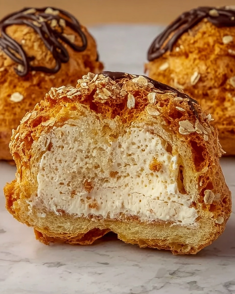 The image shows a close-up of a cream puff cut in half, revealing its inside layers. The outer shell is golden brown with a rough, slightly crunchy texture and is sprinkled with small bits that look like oat flakes. Inside, there is a thick, smooth cream filling that is light tan in color, filling the shell evenly. Two more cream puffs with the same golden, textured tops and some dark swirl decoration are partially visible in the background. The cream puff is placed on a white marbled surface. photo taken with an iphone --ar 4:5 --v 7