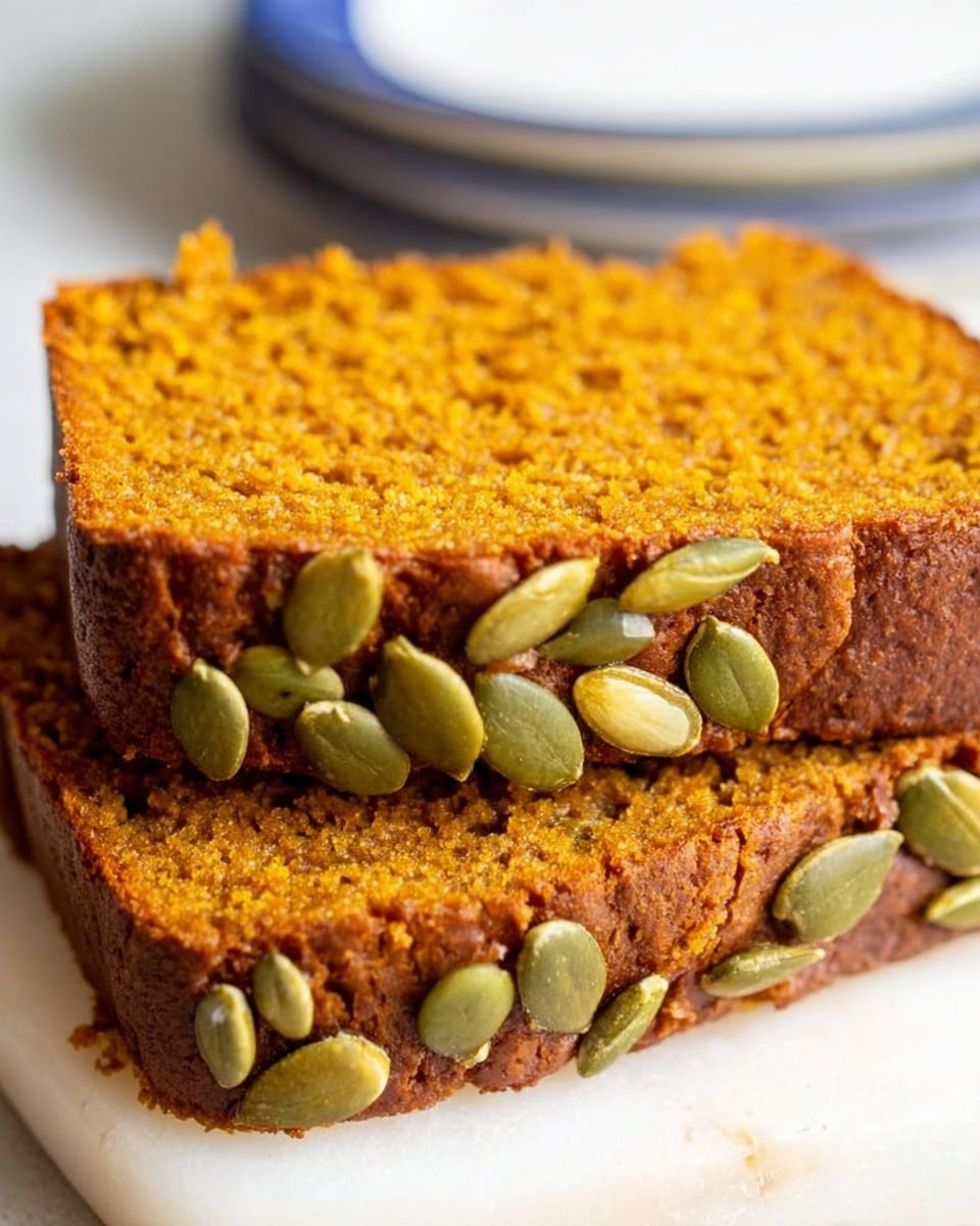 The image shows two thick slices of moist pumpkin bread stacked on a white marbled surface. The bread has a rich orange-brown color with a soft, crumbly texture. Each slice has pumpkin seeds embedded mainly around the edges, giving a greenish contrast to the warm bread color. The top slice leans slightly on the bottom one, with a stack of white plates blurred in the background. The lighting highlights the bread’s texture and seeds in close-up detail. Photo taken with an iphone --ar 4:5 --v 7