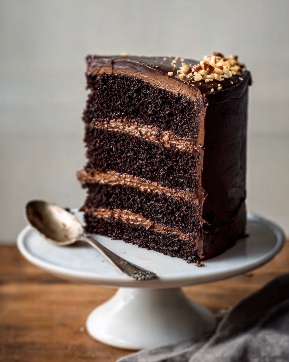 The image shows a tall slice of dark chocolate cake with four thick layers separated by smooth, light brown chocolate frosting. The cake is moist and rich looking, with a shiny chocolate ganache evenly spread on top and sprinkled with small nut pieces. The cake slice sits on a white cake stand placed on a wooden table, with a tarnished silver spoon next to it. The background is a soft off-white color. photo taken with an iphone --ar 4:5 --v 7