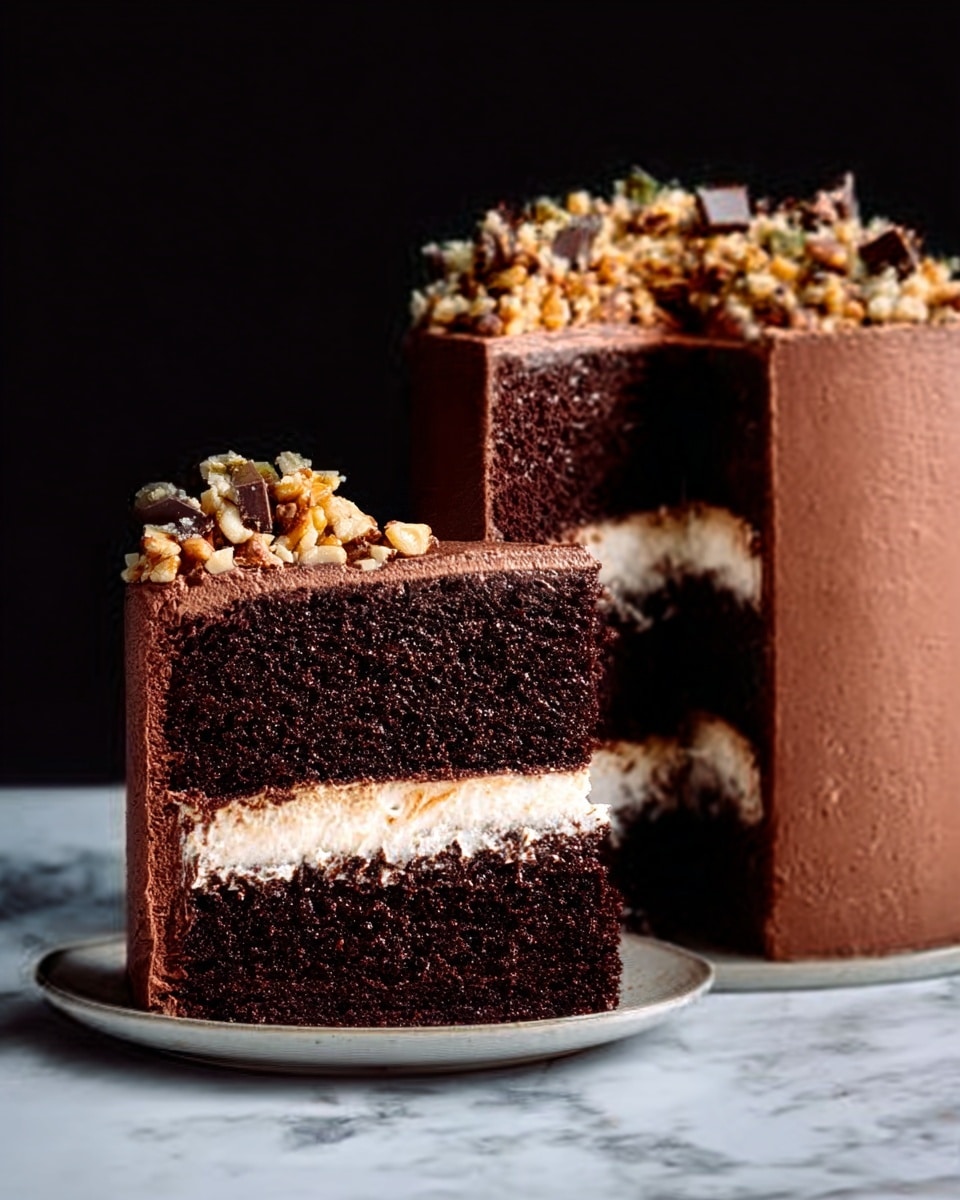 The image shows a tall, three-layer chocolate cake with smooth chocolate frosting on the outside. Between each dark brown layer, there is a thick white cream filling. The cake is topped with a mix of chopped nuts and small candy pieces, adding texture and color. One slice of the cake is being lifted, showing the clean, even layers and creamy filling clearly. The cake sits on a white plate against a white marbled background. photo taken with an iphone --ar 4:5 --v 7