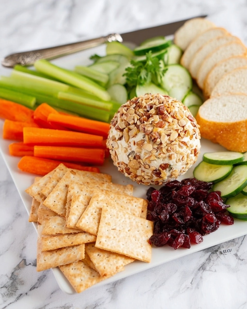 A white rectangular plate on a white marbled surface holds a round cheese ball coated with chopped nuts at the front right. Surrounding it, from left to right, are baby carrots in bright orange, stacked triangular wheat crackers in light brown, celery sticks in green, sliced cucumbers with dark and light green skin and pale interiors, and round slices of white baguette bread in the back right. A small pile of dark red dried cranberries sits near the cheese ball, with a silver spreading knife resting next to it. Photo taken with an iphone --ar 4:5 --v 7