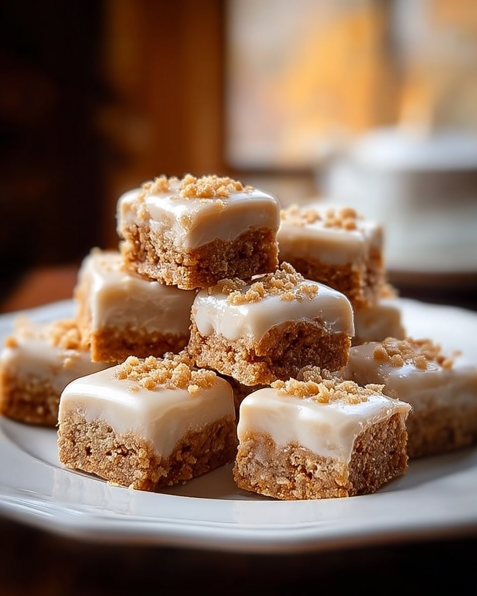 A close-up view of a small square piece of yellow cake with a soft texture, sitting on brown paper on a white marbled surface. The cake is topped with thick, creamy light tan sauce slowly dripping down the sides. A silver fork is gently pressing into the top of the cake from above, held by a woman's hand which is partly visible at the top edge of the image. The background behind is a soft gradient of pale blue colors. Photo taken with an iphone --ar 4:5 --v 7