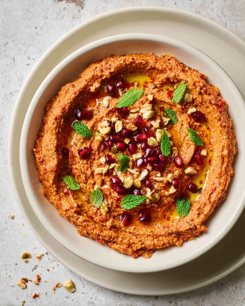 A white bowl filled with a thick, textured red-orange spread, swirled gently on the surface to create small ridges and valleys. The spread is topped with small dark red pomegranate seeds, scattered fresh green mint leaves, chopped light brown nuts, and a drizzle of golden oil that pools slightly in the swirls. The bowl sits on a white plate against a white marbled texture background, with some crumbs scattered around. Photo taken with an iphone --ar 4:5 --v 7