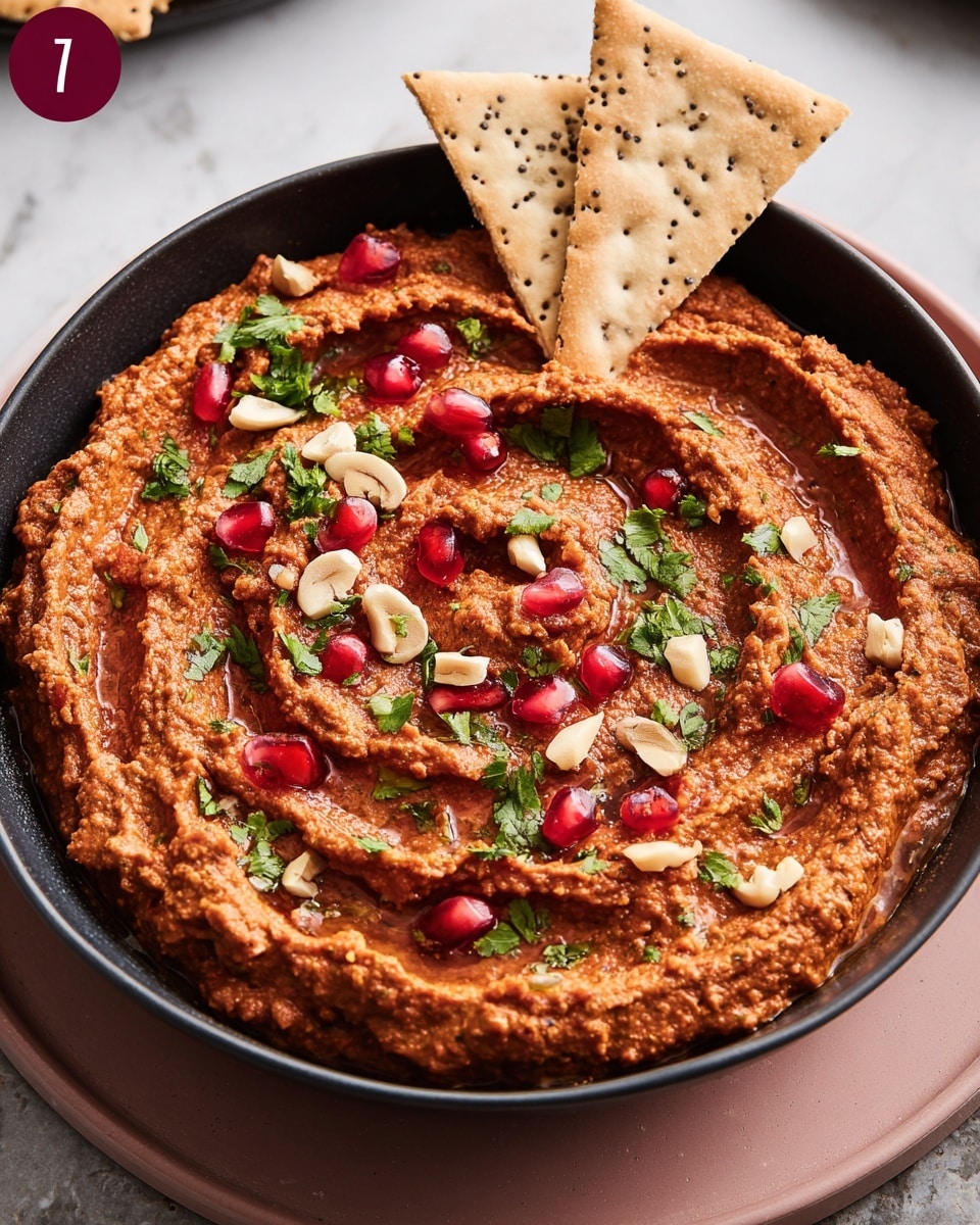 A black bowl filled with a thick, reddish-brown dip that has a coarse texture, swirled on top to create a small well in the center. The dip is garnished with small green herb pieces, bright red pomegranate seeds, and chopped light brown nuts scattered evenly over the surface. Two light beige triangular crackers speckled with black and white seeds rest at the edge of the bowl, slightly dipped into the spread. The bowl sits on a white marbled surface with a pinkish round plate underneath. photo taken with an iphone --ar 4:5 --v 7