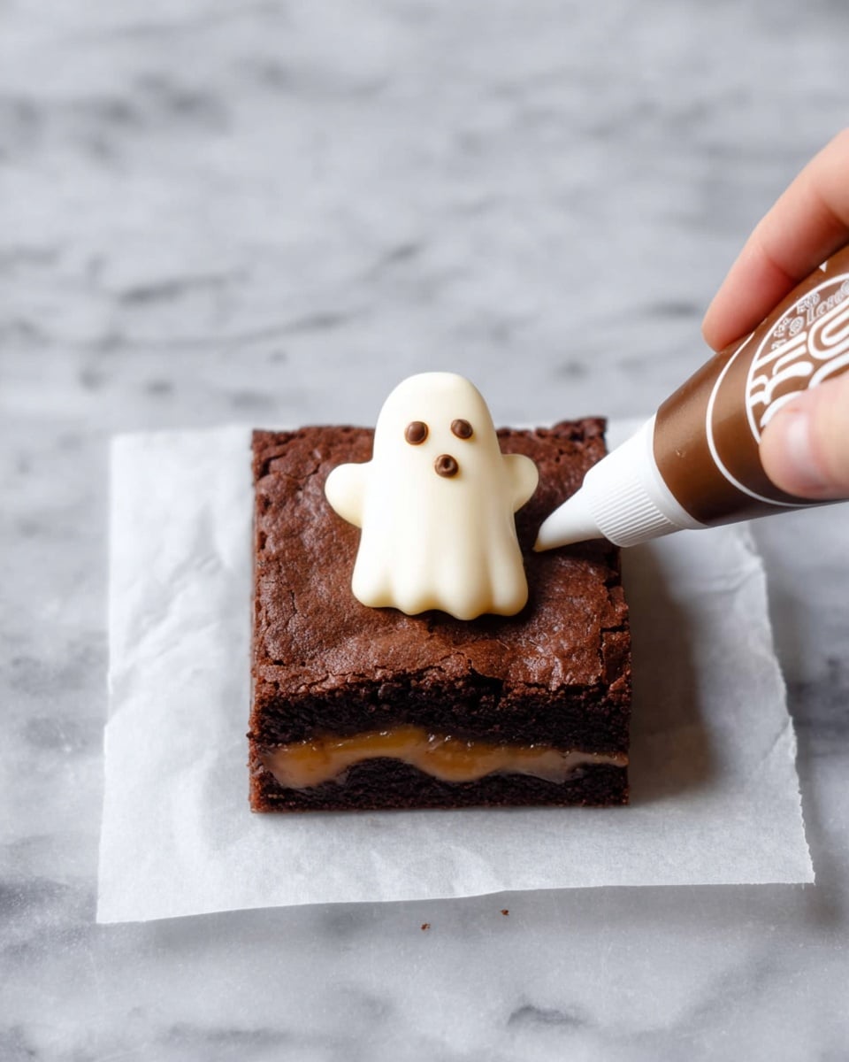 The image shows a close-up of a square chocolate brownie with two clear layers: a thick, dark brown, moist chocolate bottom layer with a slightly gooey texture, and a thin, light brown chocolate crust on top. On top of the brownie sits a white marshmallow covered with white melted chocolate shaped like a ghost, with small dark brown chocolate dots for eyes and a mouth. The brownie is placed on a surface with a white marbled texture, and in the blurred background, there are more similar brownies with ghost-shaped marshmallow decorations. photo taken with an iphone --ar 4:5 --v 7