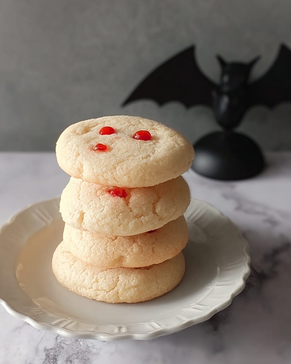 A stack of five light beige cookies with a soft texture sits on a white plate with a scalloped edge. Each cookie has two small red spots on top, resembling eyes, spaced evenly near the center. The plate rests on a surface with a white marbled texture and a small black bat decoration is placed nearby. The scene has soft lighting highlighting the cookies’ smooth tops and light shadows underneath. photo taken with an iphone --ar 4:5 --v 7