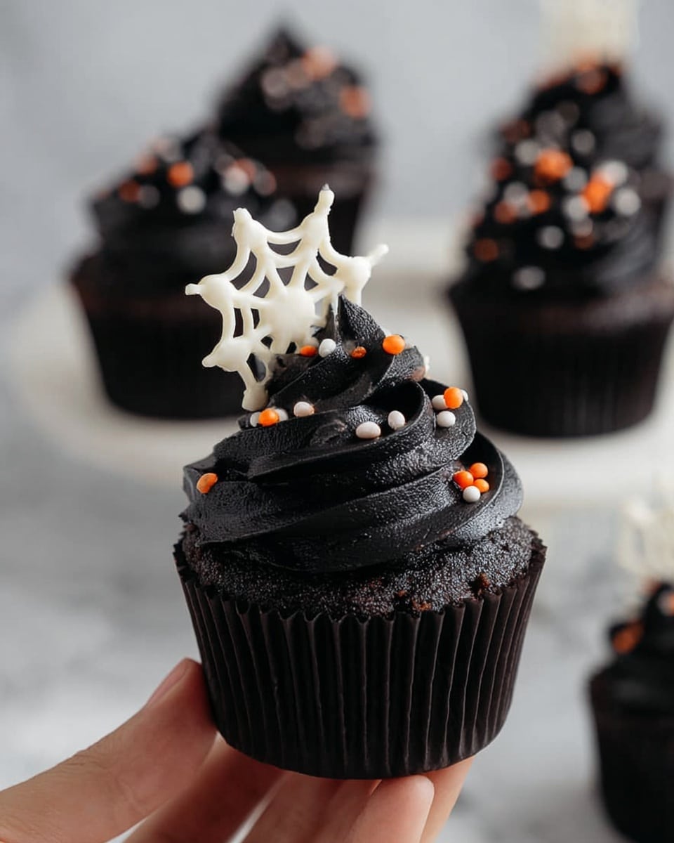 A group of black cupcakes sit on crumpled white parchment paper on a round wire rack. Each cupcake has one tall swirl of smooth, black frosting topped with small pumpkin orange, white, and black round and rod sprinkles scattered on the frosting and around the base. The cupcakes are in black liners, and the surface beneath is a white marbled texture with some scattered crumbs and sprinkles. In the background, there are two clear glasses filled with milk and a small white bowl with dark cocoa powder. The overall look is dark and festive with a simple, clean setting. photo taken with an iphone --ar 4:5 --v 7