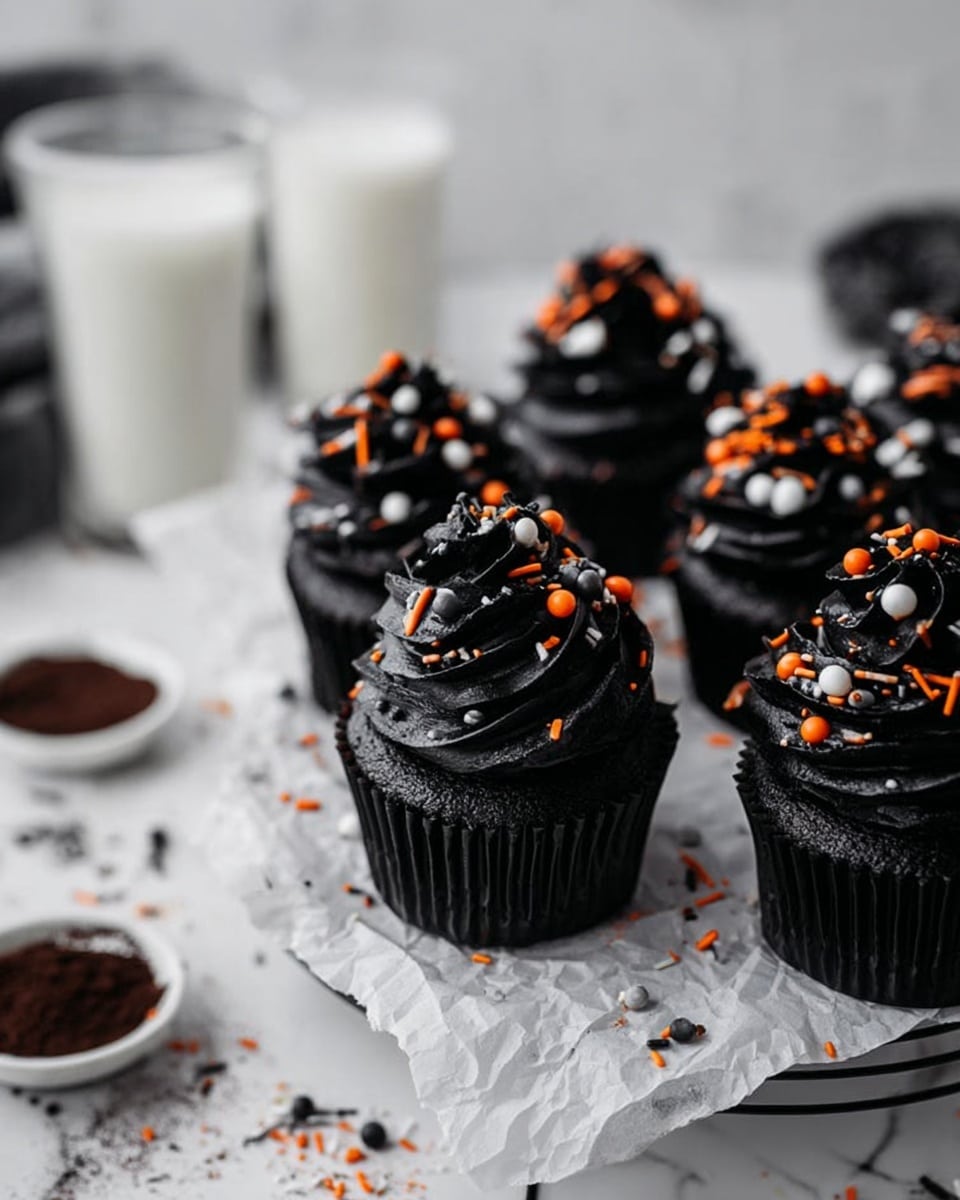 The image shows a dark black cupcake held by a woman's hand with a black paper cup on the bottom. The cupcake has one thick layer of rich black frosting swirled on top with a slightly matte texture. Small orange, white, and black sprinkles are scattered over the frosting. Sticking out of the frosting is a delicate white chocolate decoration shaped like a spider web, standing upright near the back. In the blurred background, several similar cupcakes with the same frosting and sprinkles are visible on a white marbled surface. photo taken with an iphone --ar 4:5 --v 7