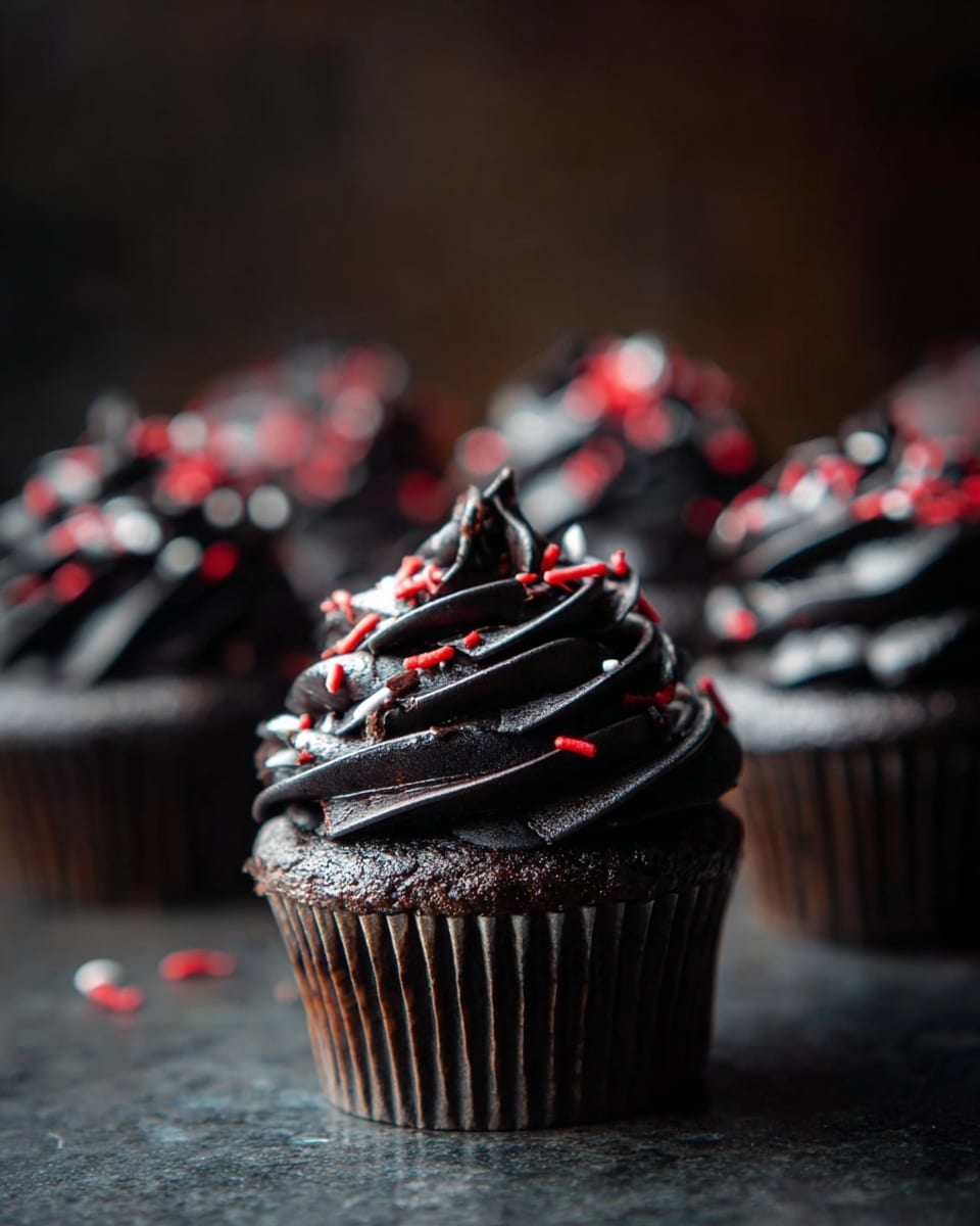 A close-up of a chocolate cupcake with dark black frosting swirled high in multiple layers, topped with small red and white sprinkles scattered unevenly over the frosting. The cupcake is in a ridged paper liner, sitting on a dark surface with several similar cupcakes blurred in the background. The scene is softly lit with focus on the front cupcake. Photo taken with an iphone --ar 4:5 --v 7