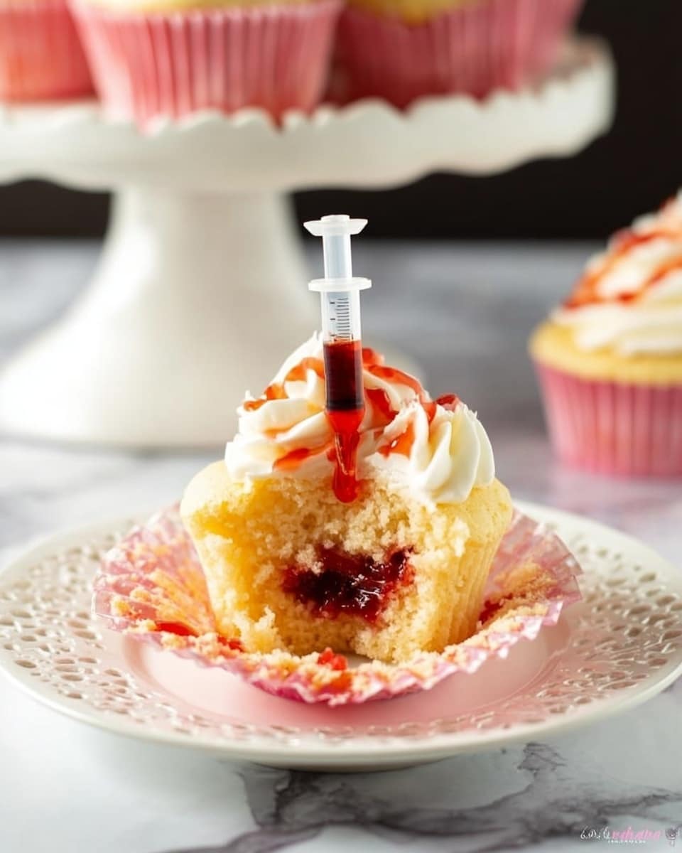 A soft yellow cupcake with a light, fluffy texture is placed on a white plate with a lacy pattern. The cupcake is opened in the middle to show a bright red filling inside, with white cream swirled on top. A small syringe filled with red syrup is inserted into the center of the cupcake, adding a drizzle of syrup on the cream and cake. The cupcake liner is pink, and the dish sits on a white marbled surface. In the background, there is a white cake stand holding more cupcakes that are out of focus. Photo taken with an iphone --ar 4:5 --v 7