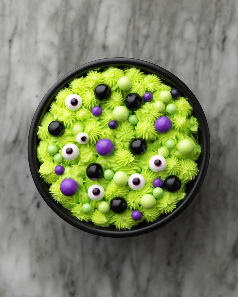 A round black bowl is filled with bright green fluffy dollops that cover the entire top surface in a clustered pattern. Scattered among the green dollops are small decorations resembling candy eyes with white and black centers, along with round purple, black, and green balls of various sizes adding color contrast and texture. The bowl is placed on a white marbled surface. photo taken with an iphone --ar 4:5 --v 7