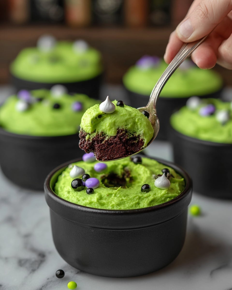 The image shows a small black pot filled with a chocolate dessert base covered by a thick layer of bright green frosting. The frosting is decorated with small dollops and sprinkled with round candy beads in purple, black, white, and light purple colors. A spoon held by a woman's hand lifts a portion of the dessert revealing the dark chocolate layer beneath the green frosting. More pots filled with the same dessert sit blurred in the background on a white marbled surface. photo taken with an iphone --ar 4:5 --v 7