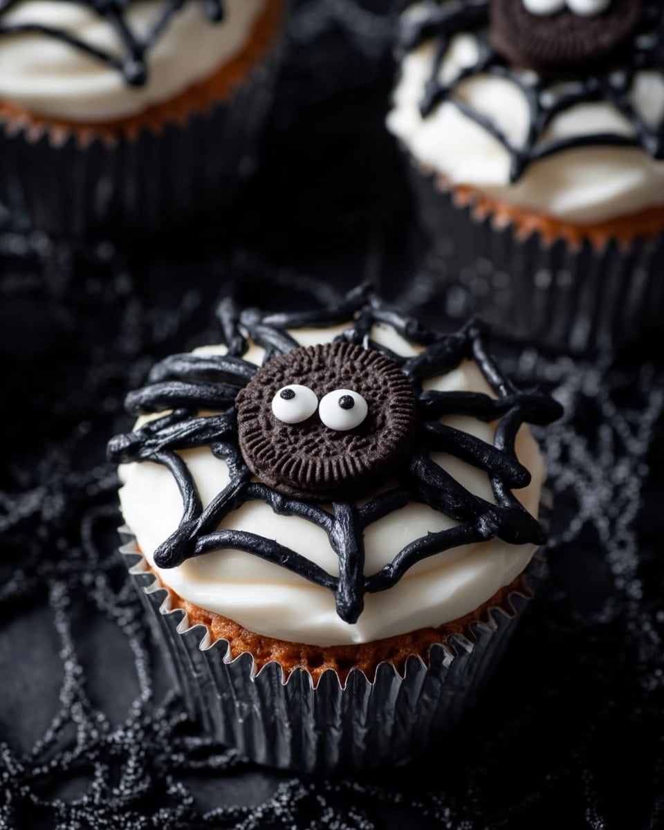 A cupcake with a white frosting layer on top, decorated with a black spider web design made of thick icing covering the surface. On one side of the web, there is a spider made from a round chocolate cookie with two white candy eyes and black icing legs extending outward. The cupcake liner is silver, and the background features a dark spider web pattern on a black surface. photo taken with an iphone --ar 4:5 --v 7