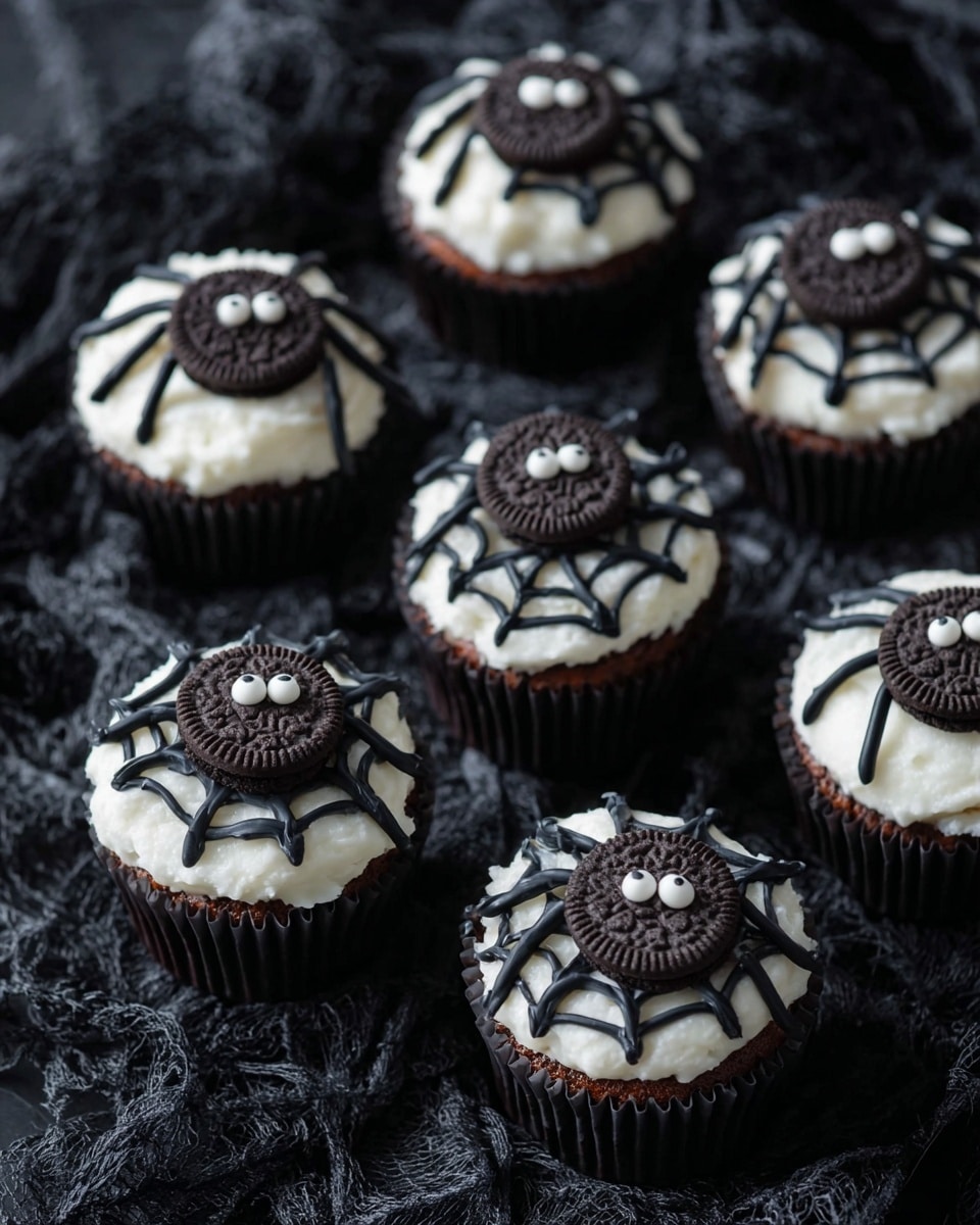 There are six cupcakes with white frosting on top, each decorated with black spider webs made of icing. On each cupcake, there is a small spider made from a round chocolate cookie with white candy eyes on top. The spider legs are drawn with black icing extending from the cookie body. The cupcakes have dark brown liners, and they are placed on a dark black textured cloth with a pattern that looks like spider webs. Photo taken with an iphone --ar 4:5 --v 7
