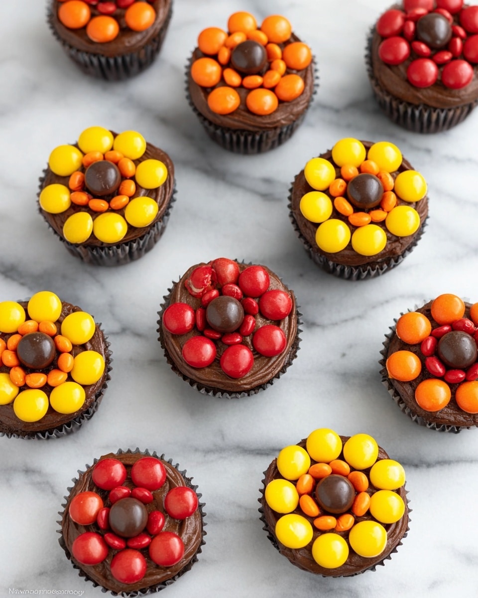 The image shows several chocolate cupcakes arranged on a white marbled surface. Each cupcake has one smooth layer of chocolate frosting on top, decorated with colorful round candies arranged like flower petals. The base candy in the center is dark brown on all cupcakes. Surrounding this center, there are six petals made of either red, yellow, orange, or dark brown candies, forming a flower-like pattern. The cupcakes have a dark brown cake base and are placed evenly with some turned at slight angles. photo taken with an iphone --ar 4:5 --v 7