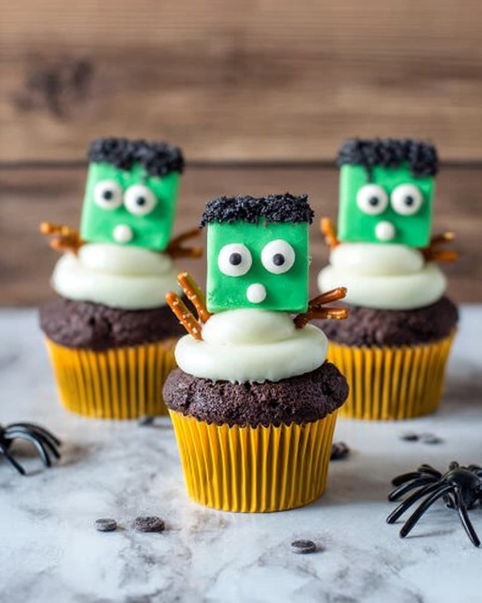 The image shows six chocolate cupcakes with white frosting swirled on top, placed on a metal cooling rack over a white marbled surface. Each cupcake has a green marshmallow shaped like a monster’s head sitting on the frosting. The marshmallow heads have white candy eyes, black drawn-on mouths, and small pretzel sticks inserted on the sides as ears. One marshmallow head has black licorice strands on top to look like hair. The cupcakes are in green and yellow paper liners. A woman's hand is holding the nozzle of a small tube of black icing next to the cupcakes. photo taken with an iphone --ar 4:5 --v 7