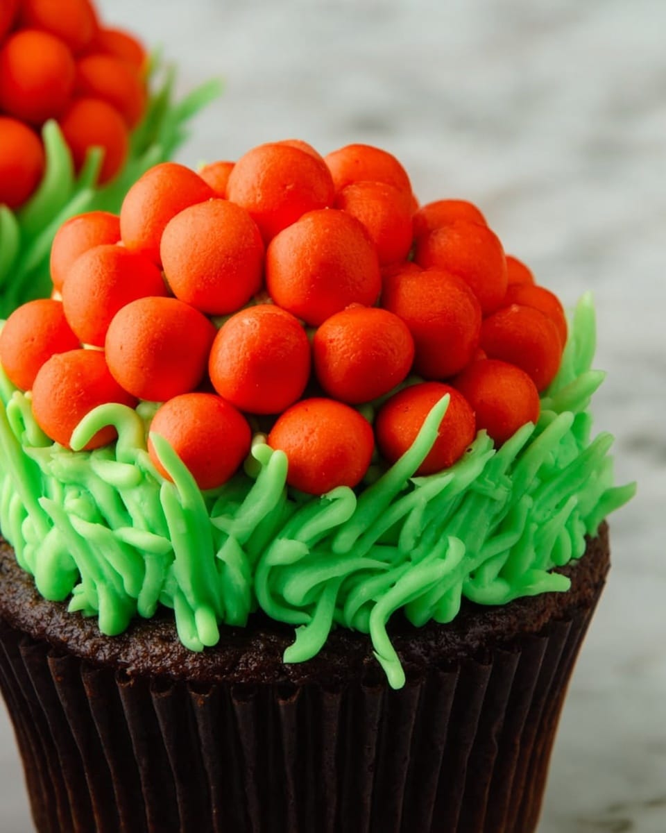 A close-up of chocolate cupcakes in black liners with a layer of bright green frosting on top shaped like grass, using piped strands for texture. Each cupcake has a small round pumpkin made from orange frosting or candy, covered with smooth, round red-orange candy pieces to look like pumpkin skin. At the top center of each pumpkin, there is a single green candy resembling a pumpkin stem. The cupcakes sit on a white marbled surface with an orange background. Photo taken with an iphone --ar 4:5 --v 7