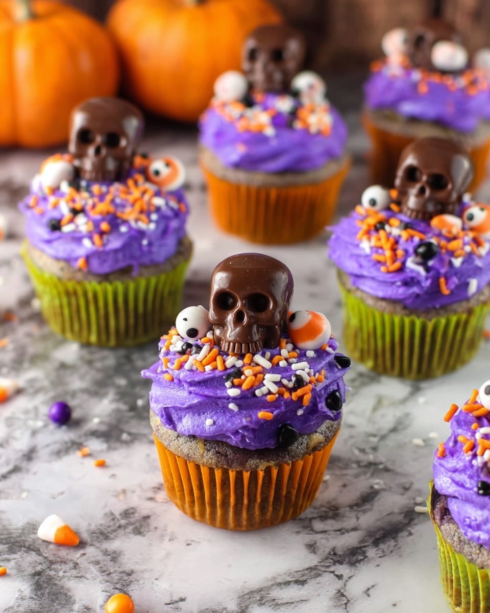 The image shows several cupcakes on a white marbled surface. Each cupcake has a green or orange paper wrapper and is topped with thick, swirled bright purple frosting. On the frosting are colorful sprinkles in orange, white, and black, along with small candy pieces shaped like eyeballs. Each cupcake is decorated with a dark brown chocolate skull placed upright in the center. In the background, there are small orange pumpkins slightly out of focus. Photo taken with an iphone --ar 4:5 --v 7