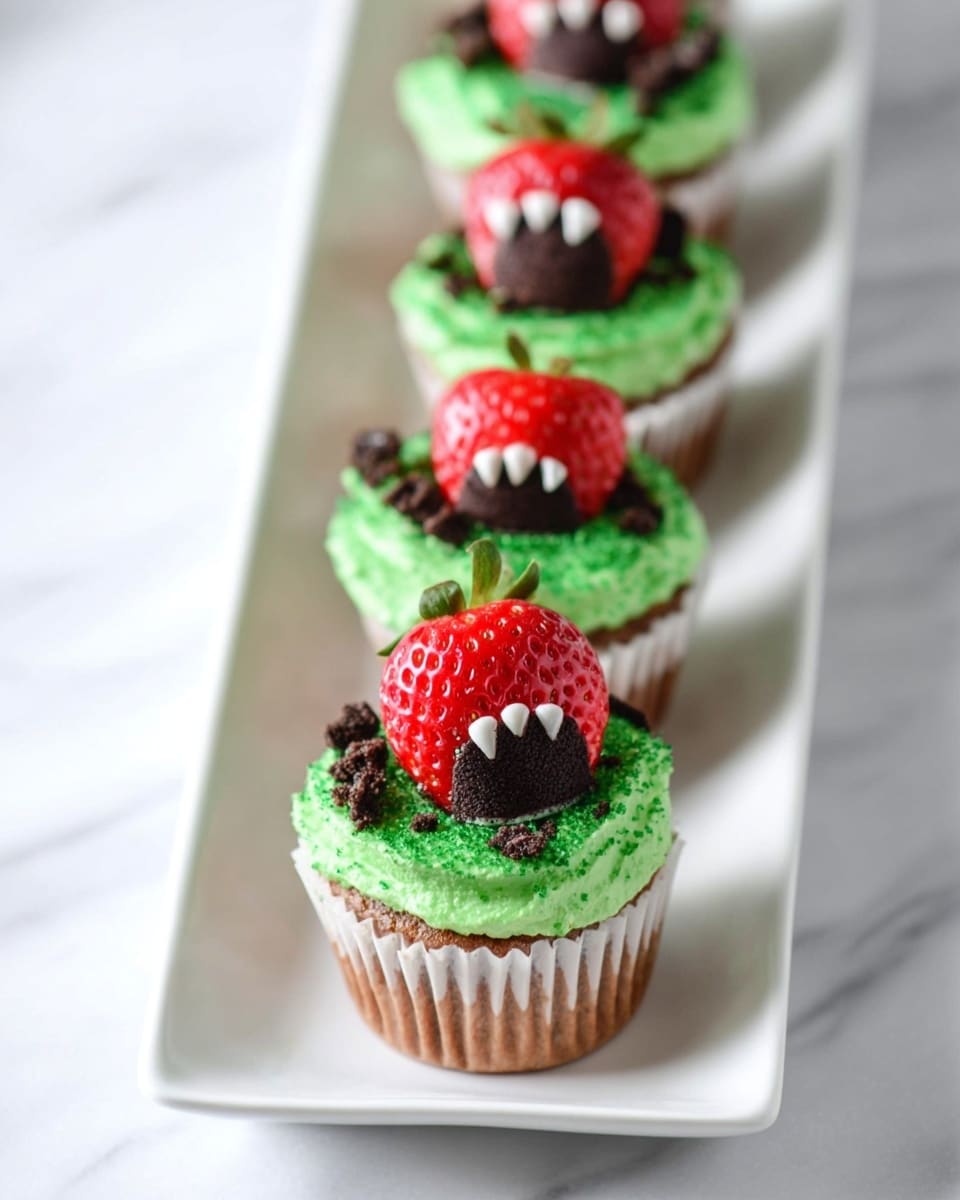 A vanilla cupcake with three visible layers: the bottom layer is the light tan cupcake itself in a white paper liner; the middle layer is bright green icing piped in a swirl on top of the cupcake, textured smooth with small dark chocolate crumbs scattered mostly in front; the top layer is a fresh red strawberry placed upside down, decorated with small white icing drops lined up to look like sharp teeth on a dark chocolate icing patch, making the strawberry look like a monster mouth. The cupcakes are arranged in a row on a white plate, all sitting on a white marbled surface. Photo taken with an iphone --ar 4:5 --v 7
