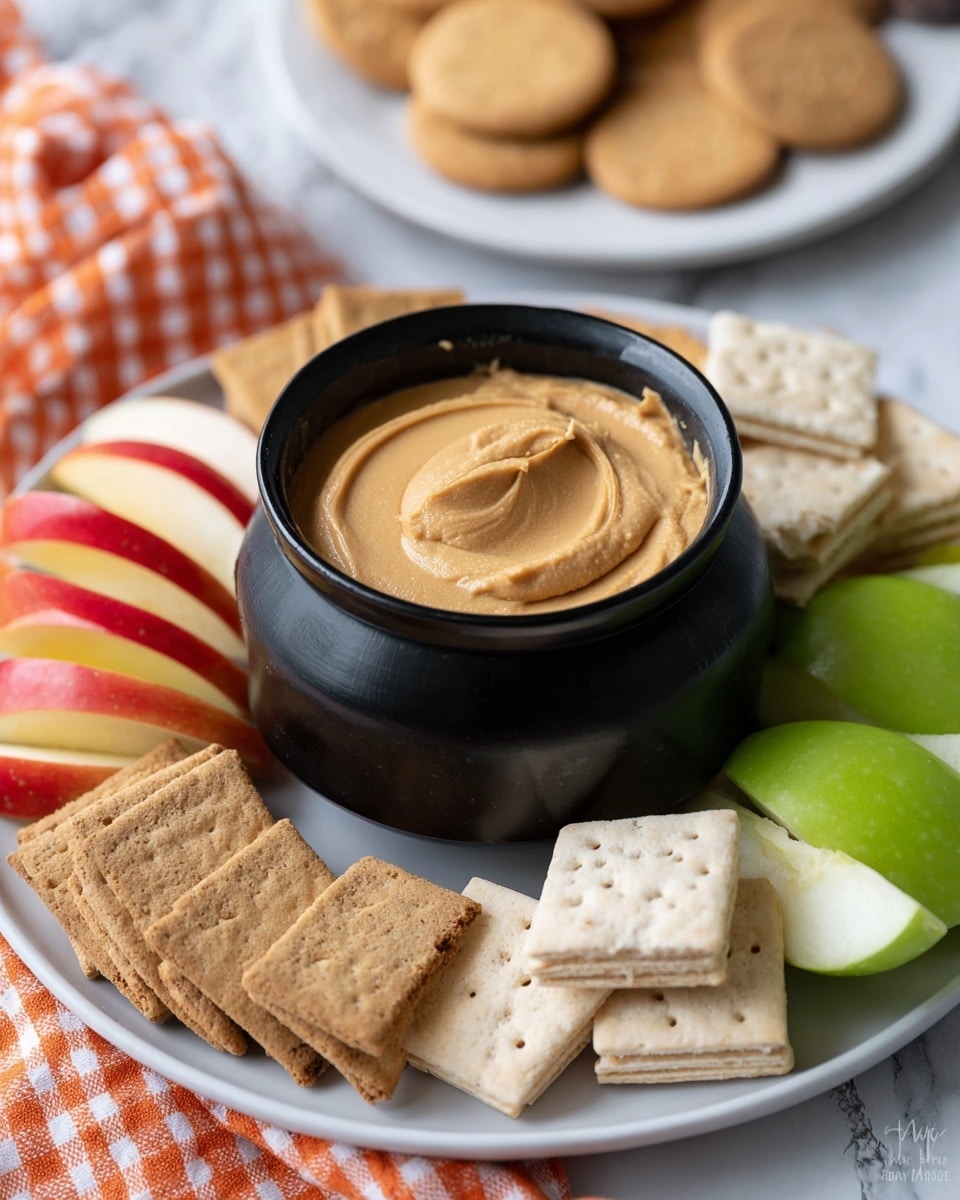 The image shows a white plate on a white marbled surface with a small black pot in the center filled with smooth, light brown peanut butter with a slight swirl on top. Around the pot, there are four groups of snacks evenly spaced: thin red apple slices with yellow skin on the left, square light brown crackers with small holes stacked behind the pot, pale rectangular biscuits with a soft texture and small holes stacked in front, and bright green apple slices with white flesh on the right. A blurred white plate with round biscuits is in the background and a checkered orange and white cloth is behind the plate. Photo taken with an iphone --ar 4:5 --v 7