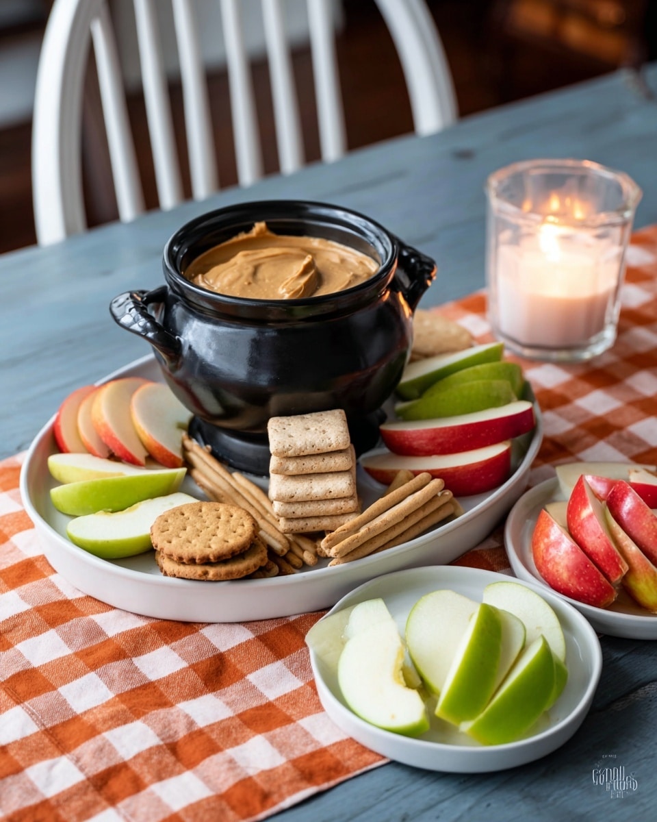 The image shows a white oval plate with a small black pot in the center filled with smooth peanut butter. Around the pot, there are slices of red and green apples on opposite sides, along with several light shortbread cookie sticks stacked in front of the pot. In the front, there is also a rectangular cracker leaning on the black pot. In the foreground, there are two small white round plates. The closer plate holds three pieces of green apple, a light brown round cookie, a rectangular cracker, and some peanut butter. The plate behind it has similar contents with more variety of apple slices. The entire setup is on a blue wooden table covered with an orange and white checkered cloth, and the background includes a lit candle and white chair legs. The surface is changed to white marbled texture. photo taken with an iphone --ar 4:5 --v 7