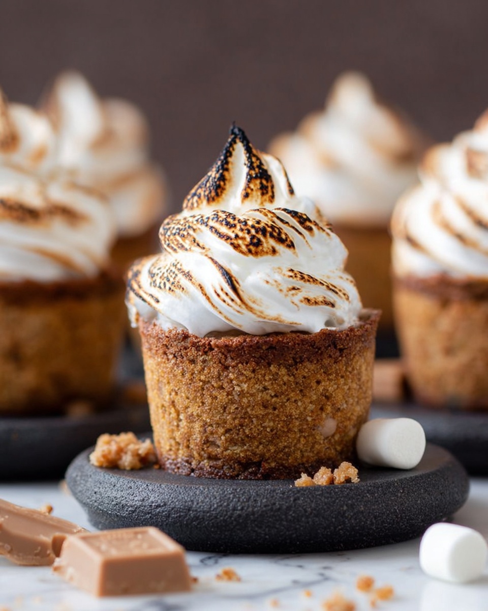 The image shows small round dessert cups with a rich, golden-brown textured base that looks soft and spongy. Each dessert is topped with a thick, swirled layer of toasted white meringue with light and dark brown spots, giving it a slightly crisp look on the outside. The cups are placed on a dark round stand, with pieces of light brown chocolate and small white meringue drops scattered around. The background is blurred, highlighting the main dessert cup in the center, all set on a white marbled surface. photo taken with an iphone --ar 4:5 --v 7