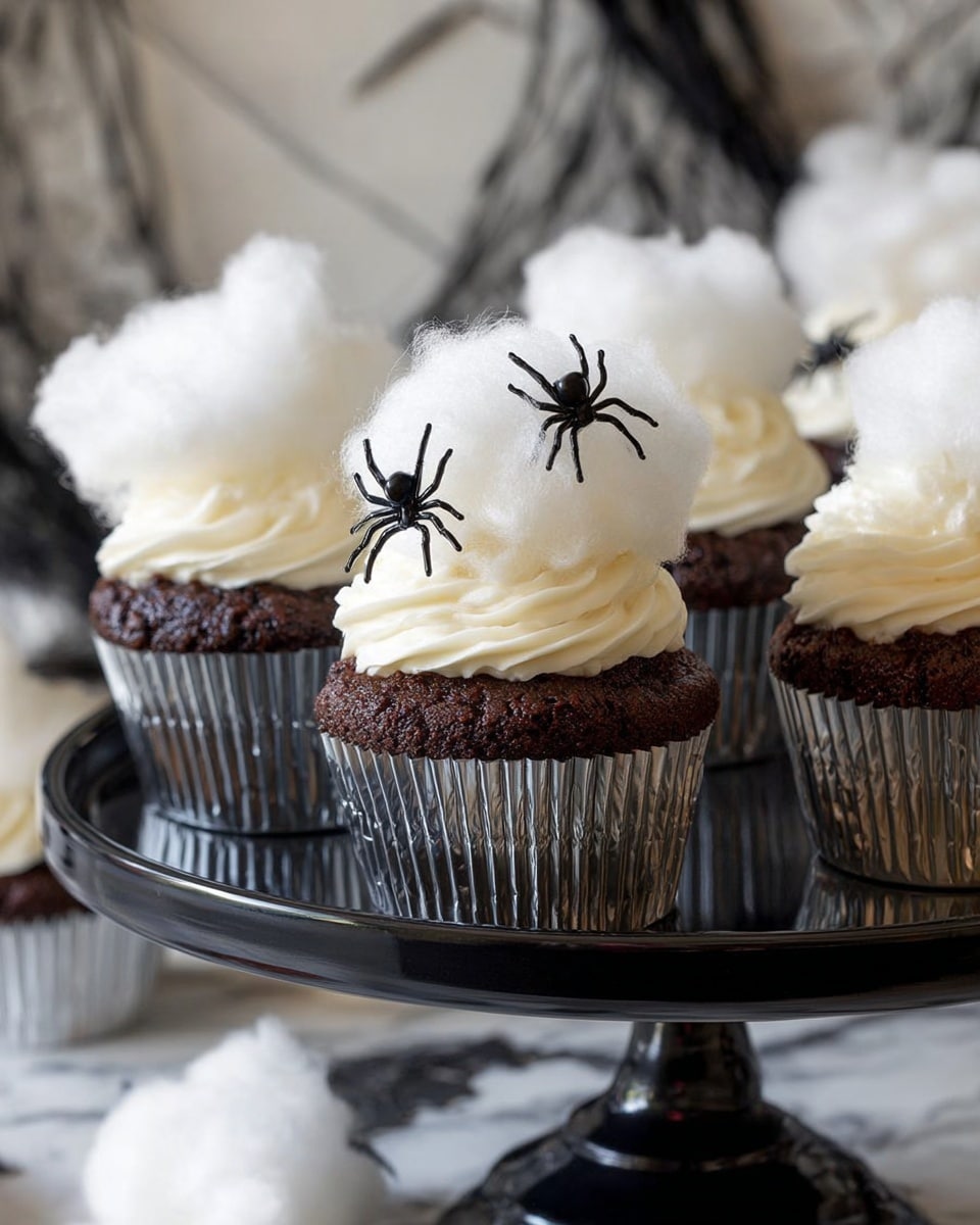 The image shows a group of dark brown chocolate cupcakes in silver metallic liners arranged on a black cake stand with a glossy finish. Each cupcake has two layers of topping: the bottom layer is creamy white swirled frosting, and the top layer is a fluffy white cotton-like texture resembling cotton candy. Small black plastic spider decorations are placed on the cotton-like topping, adding a spooky Halloween theme. The background includes a white marbled surface and a hint of a white marbled texture underneath the cake stand. Photo taken with an iphone --ar 4:5 --v 7
