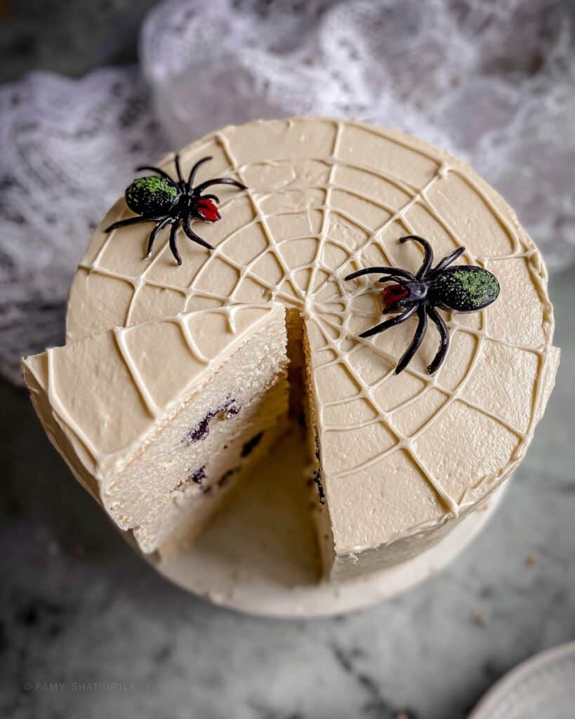 Marshmallow Spiderweb Halloween Cake with a Surprise Center Recipe