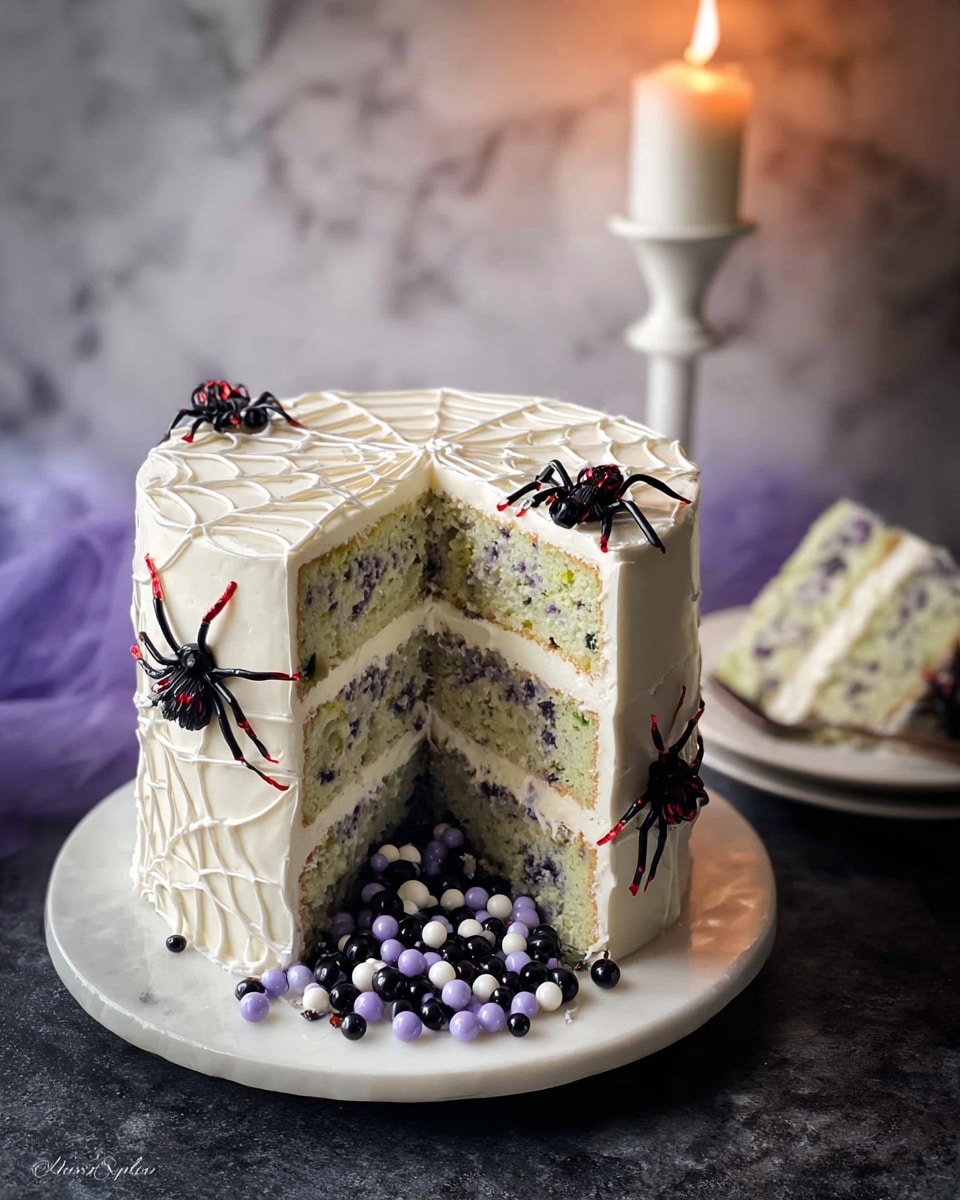 A tall, four-layer white cake with light purple and green specks inside is covered in smooth white frosting designed to look like spider webs. The cake is sliced to show the hollow center filled with small black, purple, and white candy balls spilling out onto the white plate beneath. On top and the sides of the cake, there are several black plastic spiders with red tips on their legs, adding a spooky touch. The cake sits on a white plate placed on a dark surface with a soft white marbled texture in the background, next to a lit candle in a tall white holder. Photo taken with an iphone --ar 4:5 --v 7
