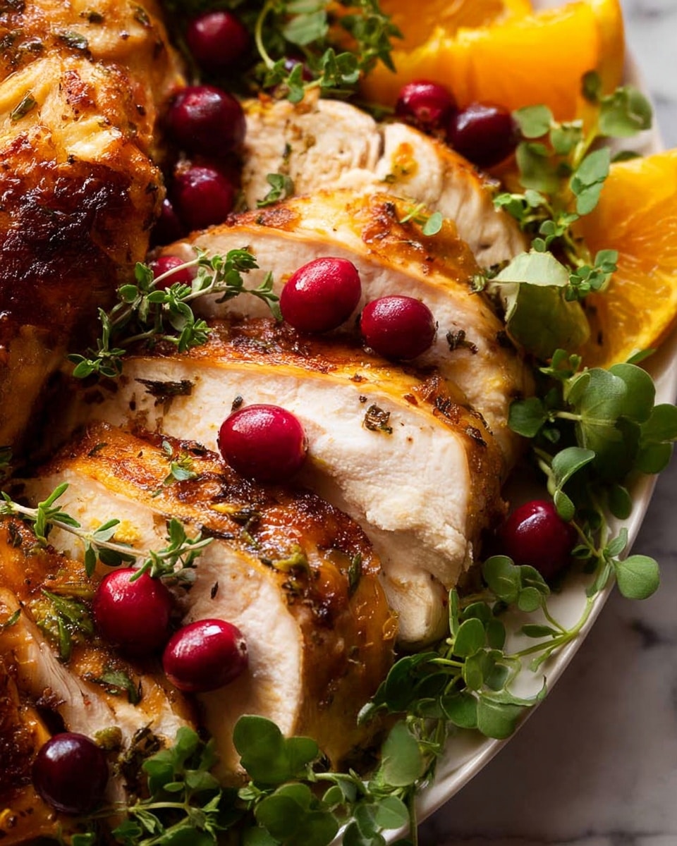 The image shows a white dish filled with roasted chicken pieces arranged over a bed of fresh green herbs. The chicken has a golden-brown, crispy skin with visible sliced sections revealing the tender white meat inside. Bright red cranberries are scattered on top of the chicken and greens, adding vibrant pops of color. Orange wedges are placed around the dish, complementing the colors with bright orange and green mint leaves. To the side, there is a small white bowl filled with a thick, deep red sauce, and a white gravy boat containing brown gravy is also visible in the corner. The dish sits on a white marbled surface. Photo taken with an iphone --ar 4:5 --v 7