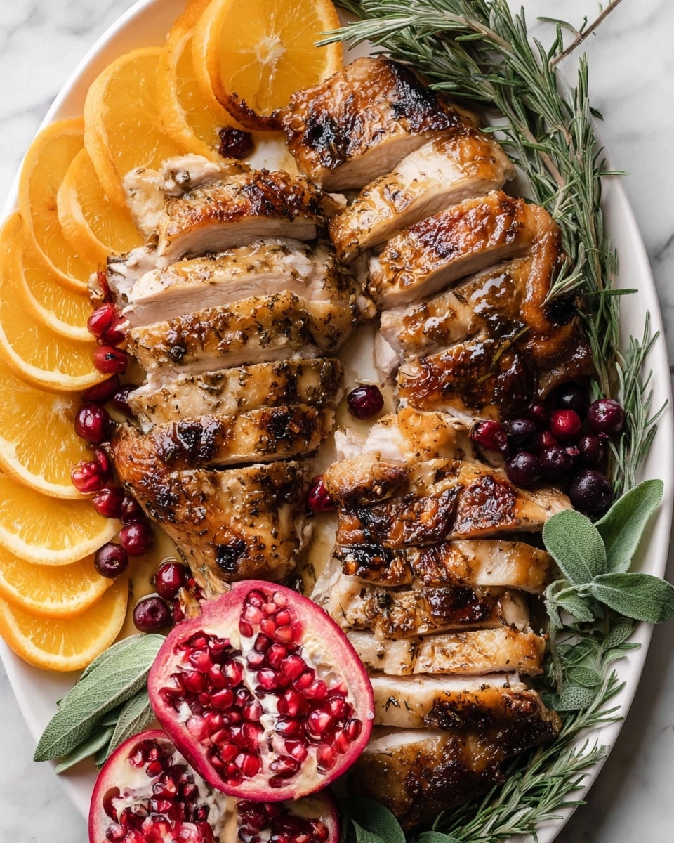 The dish shows several slices of roasted chicken with golden-brown crispy skin arranged on a white plate, occupying the center and left side. Around the chicken, there are bright orange slices placed at the top left and bottom left edges. On the right side near the top, there are a few dark berries scattered for contrast. Two halves of a red pomegranate with shiny seeds are positioned in the lower center and middle right. Green sprigs of rosemary and sage are placed under and beside the chicken, adding a fresh green color to the mix. The plate sits on a white marbled surface. Photo taken with an iphone --ar 4:5 --v 7