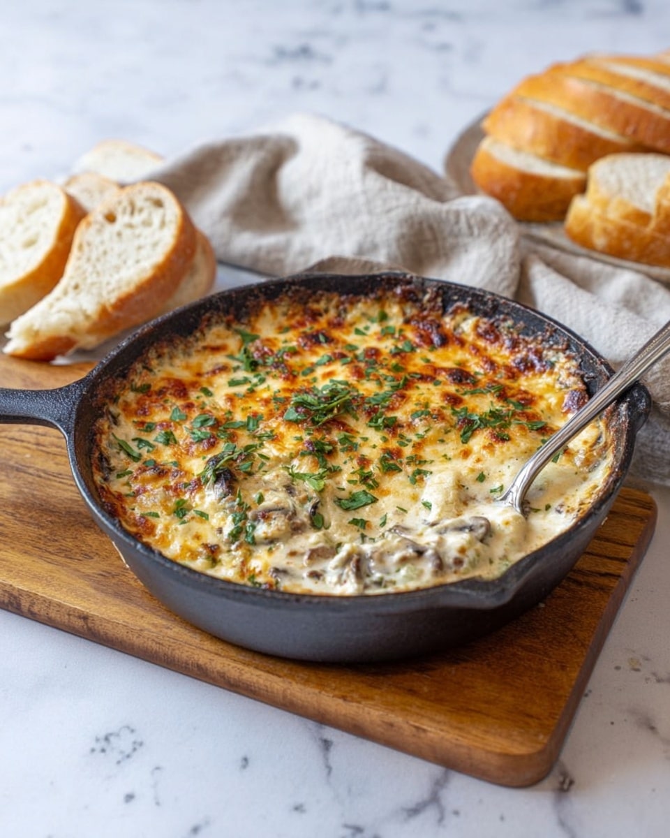 A round black skillet filled with a creamy baked dish with melted cheese on top, showing a golden brown color with small browned spots. The cheese layer is bubbly and covers a white creamy sauce mixed with small pieces of mushrooms visible throughout. Fresh green herb leaves are scattered on the cheese surface. A silver spoon is placed in the dish, partially dipped into the food revealing the thick creamy texture below the cheese layer. The skillet sits on a wooden board on a white marbled surface, with a grey cloth partially visible in the corner. Photo taken with an iphone --ar 4:5 --v 7