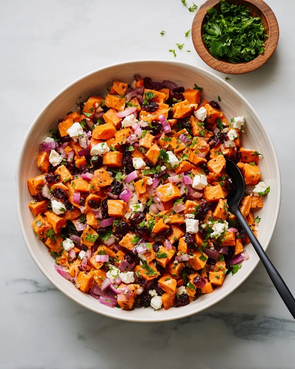 A white bowl filled with a colorful mix of diced orange sweet potatoes, thin slices of purple-red onions, dark red dried cranberries, and small sprigs of fresh green parsley spread evenly throughout. Small white chunks of soft cheese are scattered on top, adding contrast. A black spoon rests inside the bowl, partly submerged in the mixture. In the top right corner, a small wooden bowl holds fresh green parsley leaves. The bowl sits on a white marbled surface. photo taken with an iphone --ar 4:5 --v 7