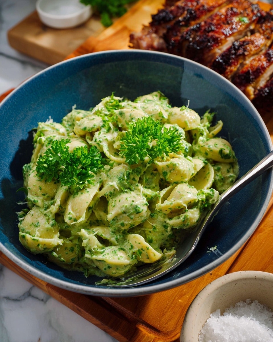 A close-up view of a bowl filled with a creamy green potato salad, showing about two main layers: the base layer of chunky, soft potato pieces mixed with a green herb sauce that looks smooth and thick, and on top, a small bunch of fresh green parsley leaves scattered as garnish. The bowl is white with a simple, smooth texture, sitting on a white marbled surface. A silver spoon is placed inside the bowl near the right side, partially submerged in the salad. photo taken with an iphone --ar 4:5 --v 7