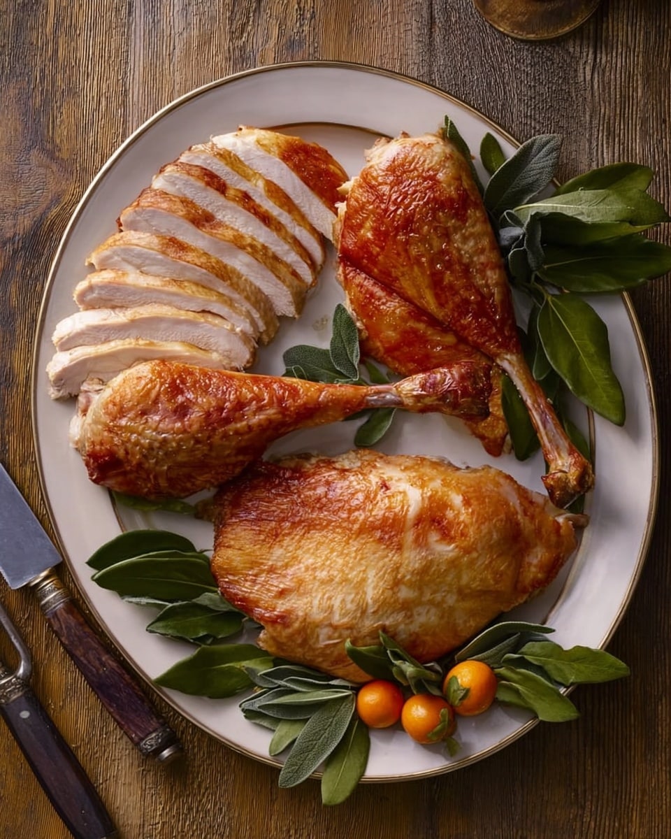 A large white round plate with two turkey legs placed on the right side, showing a golden brown crispy skin and a smooth curved shape. On the left side and center of the plate are two layers of sliced turkey meat, with a light golden surface and white inside, arranged neatly side by side. Around the turkey meat and legs are dark green leaves for decoration, with a small branch having three small orange fruits on the bottom right of the plate. The plate sits on a wooden surface with visible grain, and a silver knife with a dark wooden handle lies to the left of the plate. Photo taken with an iphone --ar 4:5 --v 7