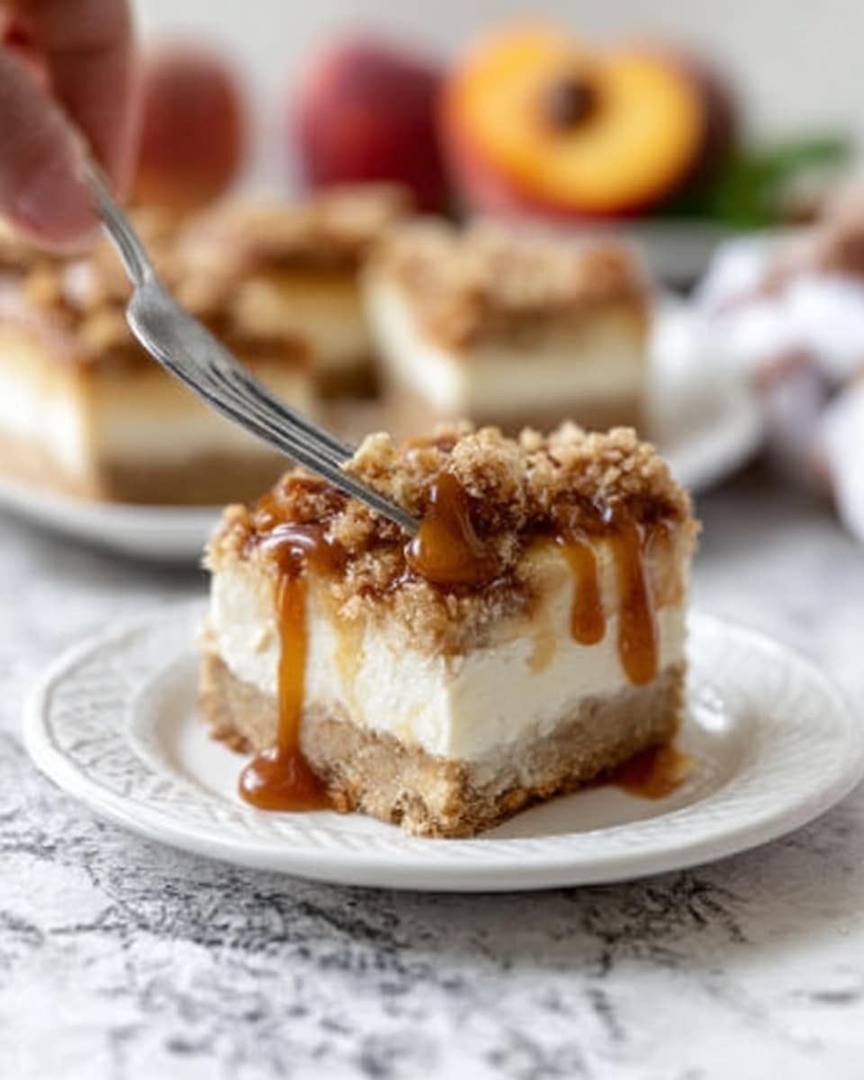 The image shows a white rectangular plate with eight square pieces of a crumb-topped dessert arranged in two rows. Each piece has three layers: a thin light brown crust at the bottom, a thick creamy white middle layer, and a crumbly tan topping mixed with small nut pieces scattered unevenly on top. The plate sits on a white marbled surface, and there are blurred apples and fabric in the soft background. photo taken with an iphone --ar 4:5 --v 7