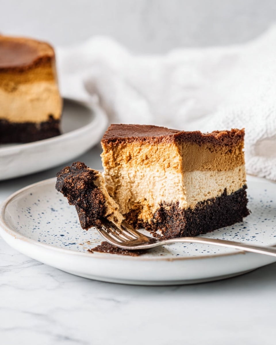 The image shows a chocolate cheesecake with three layers: a dark chocolate crumb crust at the bottom, a thick middle layer of smooth milk chocolate cheesecake with a light brown color and creamy texture, and a glossy dark chocolate ganache layer on top that is shiny and even. A slice is cut out and placed on a white plate in front, with a small piece resting on a fork next to it. The cake is on a white cake stand, all against a white marbled surface. A white cup with a bit of dark chocolate dripping is blurred in the background. photo taken with an iphone --ar 4:5 --v 7
