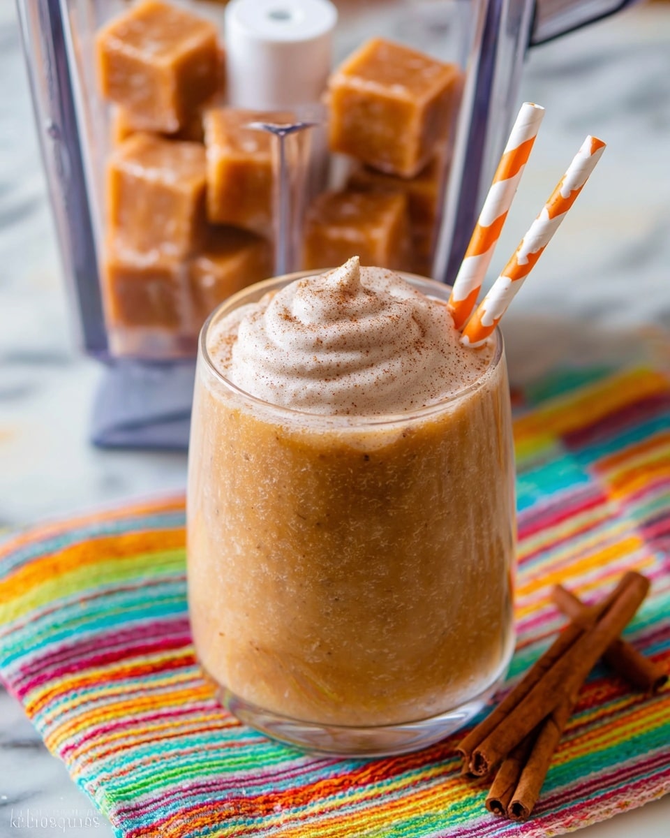 The image shows a layered process of making a drink. The first layer is a white ice cube tray filled with orange-brown cubes with specks of cinnamon on top, placed on a white marbled surface. The second layer shows several of these orange-brown frozen cubes inside a clear blender jar with its sharp white blade in the center, and the background is the same white marbled surface. The third layer displays a tall glass filled with a thick light brown smoothie topped with a large swirl of white whipped cream; the glass holds an orange and white zigzag paper straw. The glass sits on a colorful striped cloth with two cinnamon sticks placed in front on the white marbled surface. Photo taken with an iphone --ar 4:5 --v 7