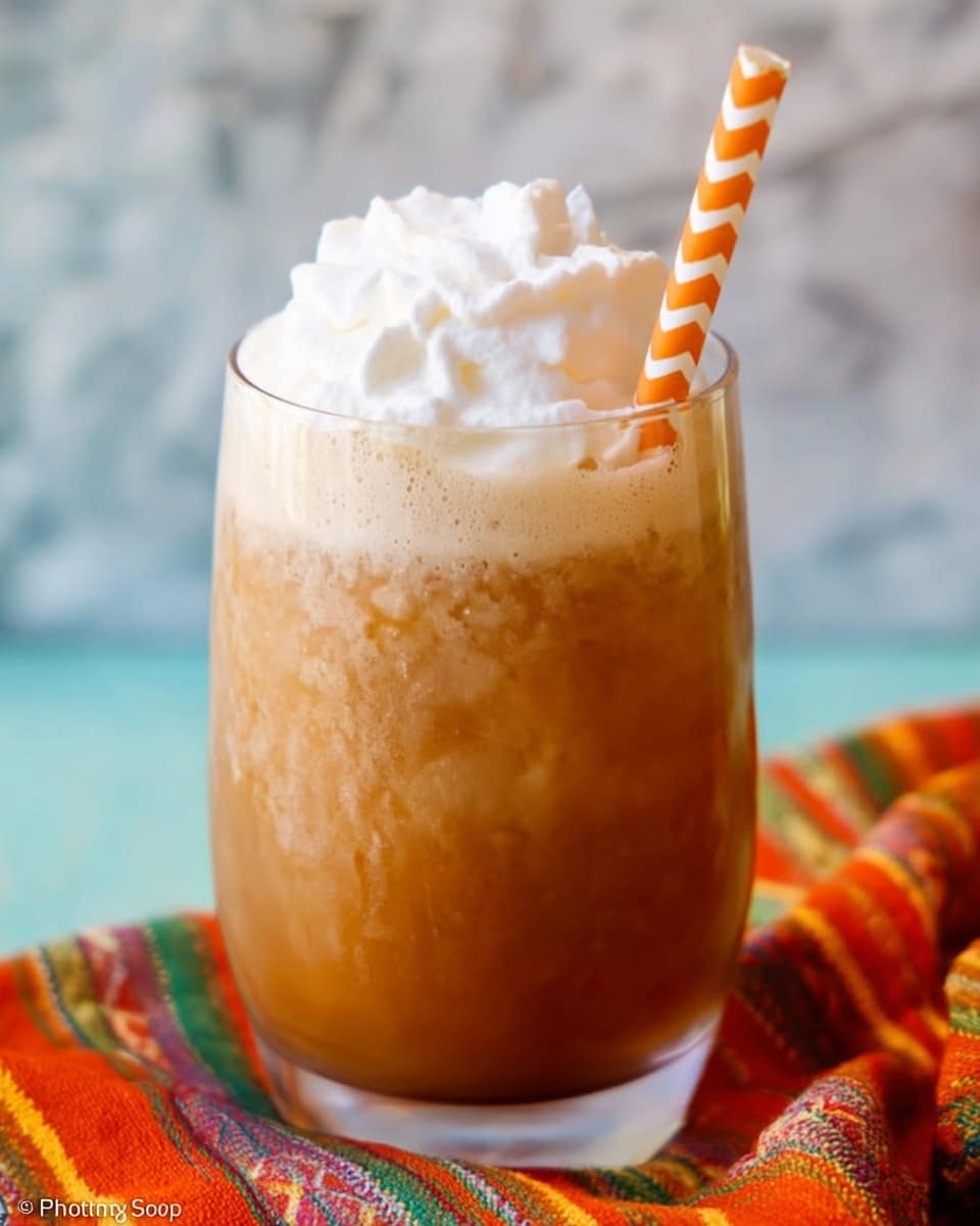 A clear glass filled with a thick light brown drink topped with a big fluffy white whipped cream layer, with an orange and white zigzag patterned straw stuck inside, resting on a colorful striped cloth with blurred white marbled background, photo taken with an iphone --ar 4:5 --v 7
