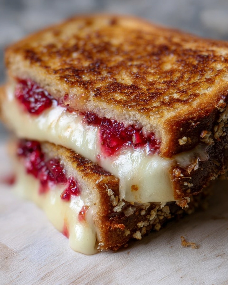 The image shows a toasted sandwich with two slices of golden-brown sesame seed bread. Between the layers, there is melted white cheese oozing out, mixed with red cranberry sauce giving a splash of vivid color. The sandwich rests on a white marbled surface with toasted textures visible on the bread, and the melted cheese gives a creamy, smooth appearance. The bottom bread slice is slightly thicker and the overall sandwich looks warm and freshly made. photo taken with an iphone --ar 4:5 --v 7