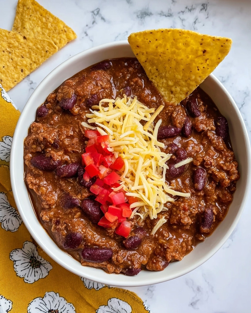 The image shows a white bowl filled with thick chili that has dark red kidney beans mixed throughout the brown, chunky meat and sauce base. On top of the chili, there are two neat rows of toppings: one with small, bright red diced pieces and the other with light yellow shredded cheese. A single triangular yellow tortilla chip is placed standing up at the side edge of the bowl. The bowl sits on a white marbled surface with a yellow and white patterned cloth partially underneath. Photo taken with an iphone --ar 4:5 --v 7