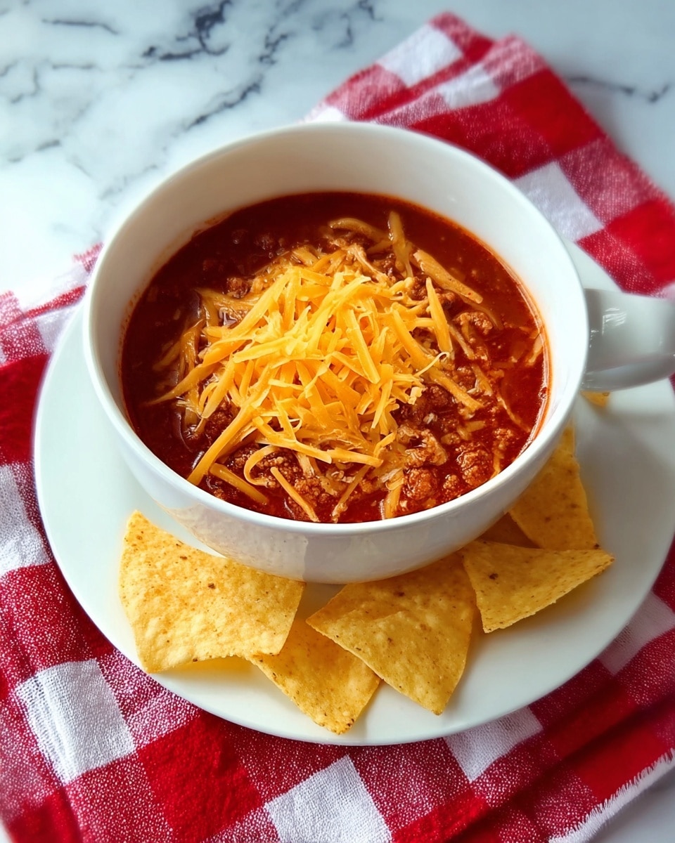 A white bowl filled with a thick red chili topped with a layer of shredded orange cheese, placed on a red and white checkered cloth. Beside the bowl on the same white plate are several yellowish tortilla chips. The scene is set on a white marbled surface. photo taken with an iphone --ar 4:5 --v 7